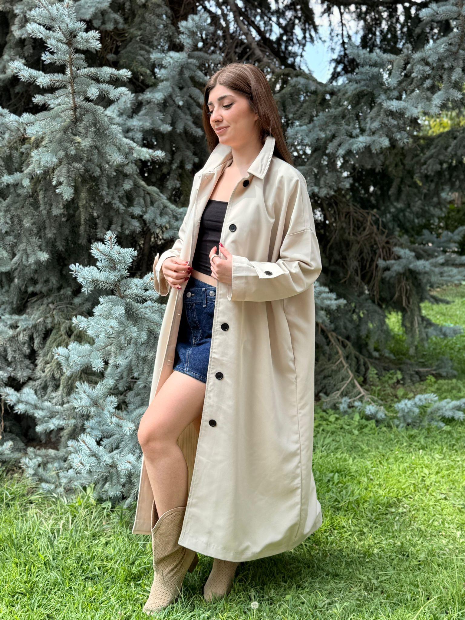 Oversize İçi Çizgi Astarlı Trençkot