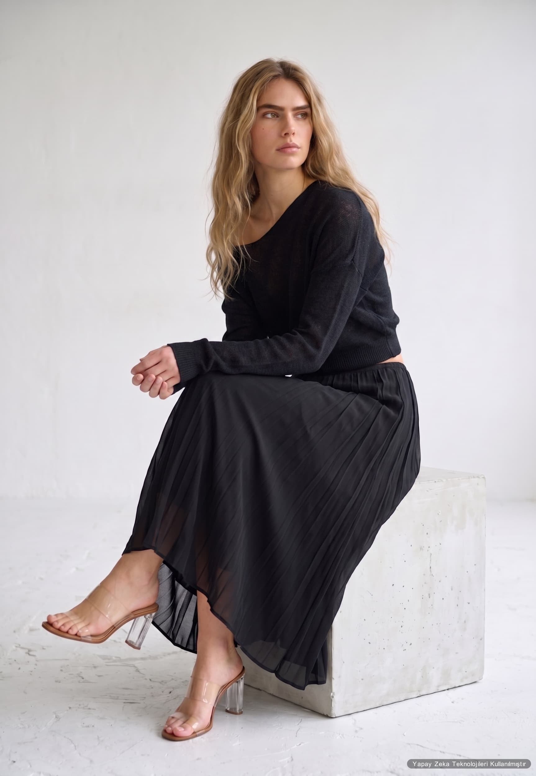 Oversize V Yaka Merserize Triko Siyah