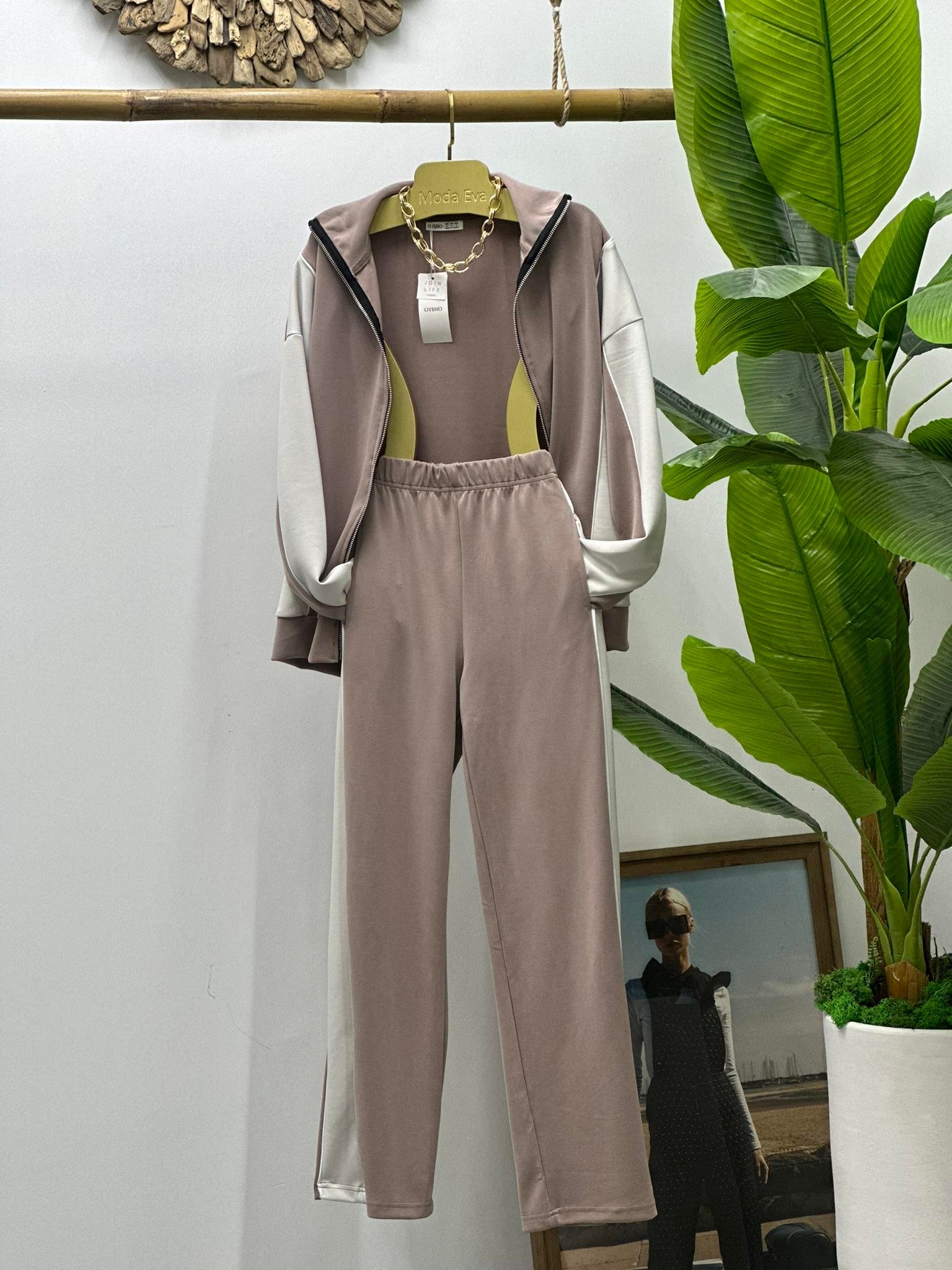 Oys Modal Kumaş Biye Detay İkili Eşofman Bej Takım