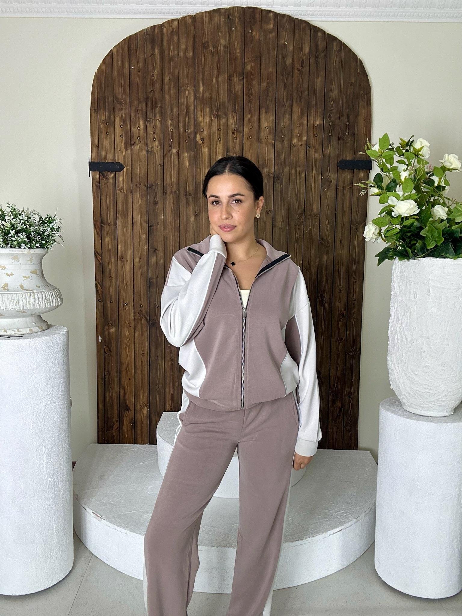 Oys Modal Kumaş Biye Detay İkili Eşofman Bej Takım