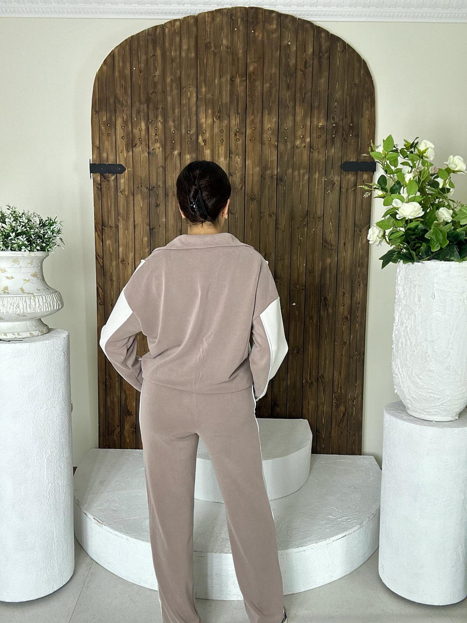 Oys Modal Kumaş Biye Detay İkili Eşofman Bej Takım