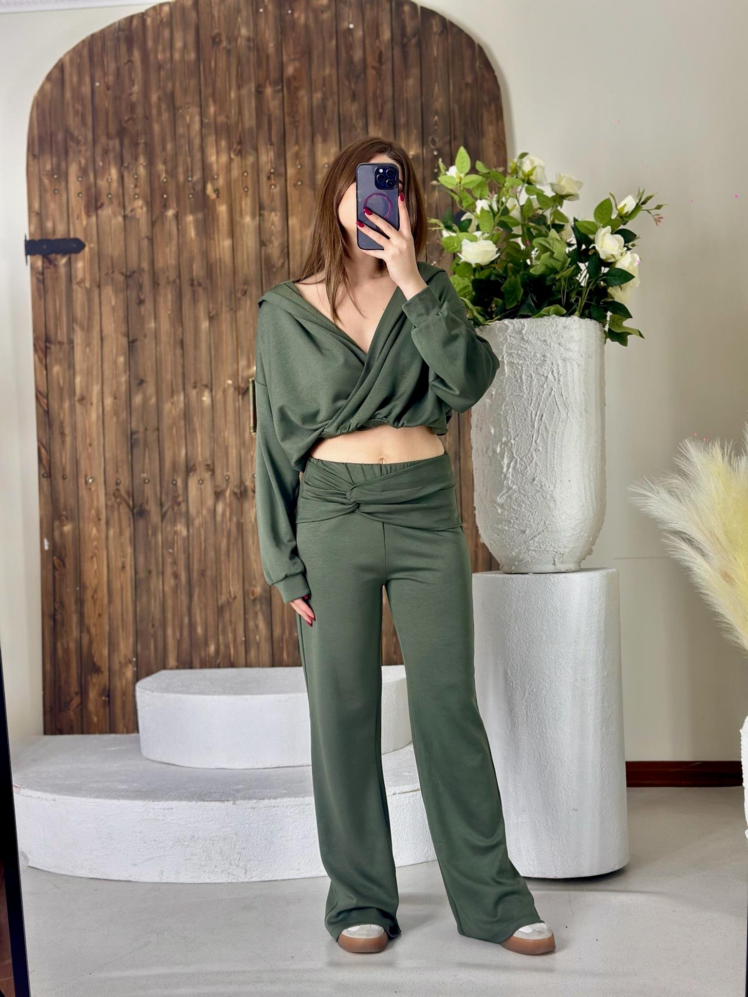 Oys Modal Kumaş Kapişonlu Boğum Detaylı İkili Eşofman Takım Haki