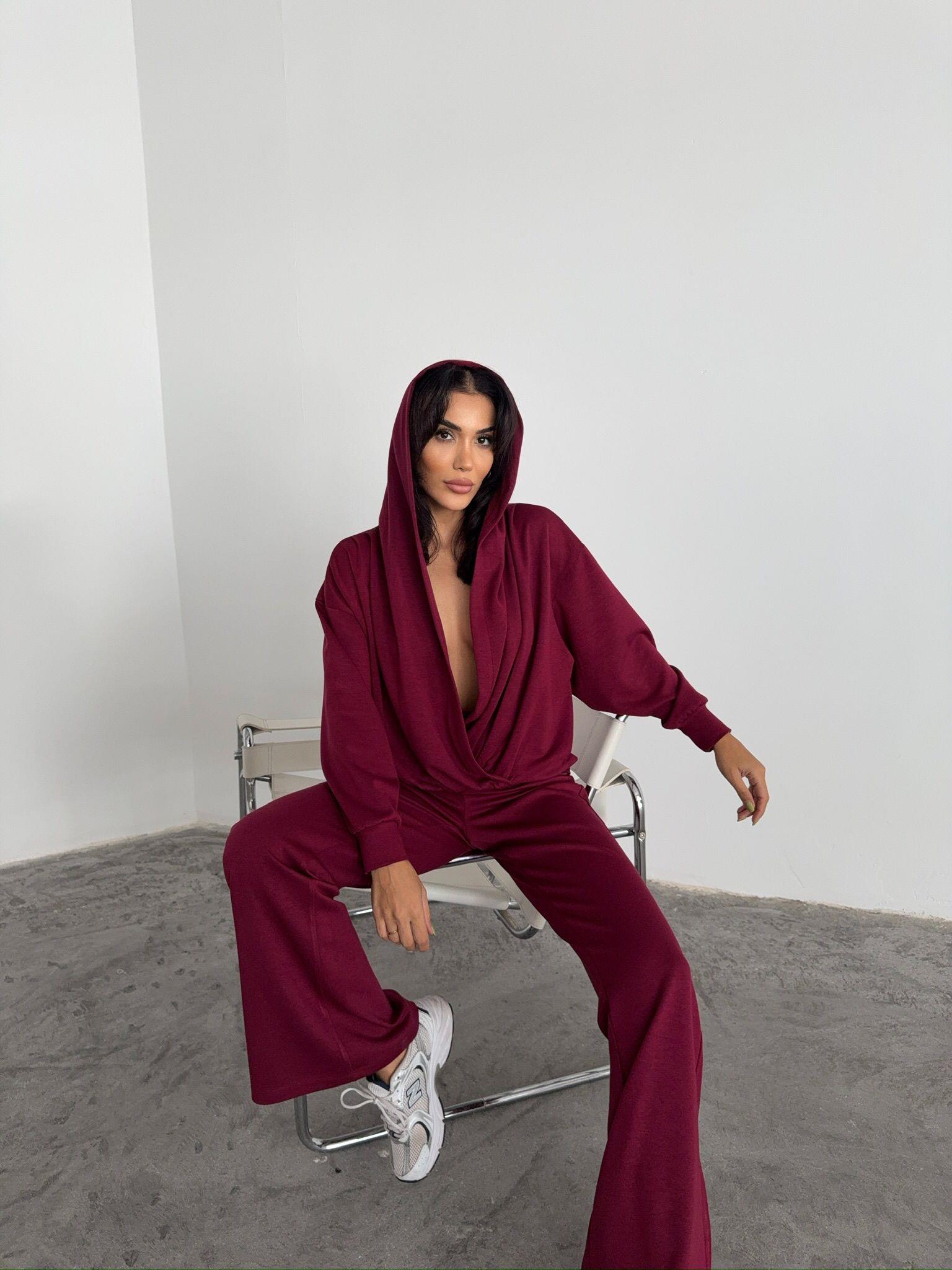 Oys Modal Kumaş Kapişonlu Boğum Detaylı İkili Eşofman Takım Bordo