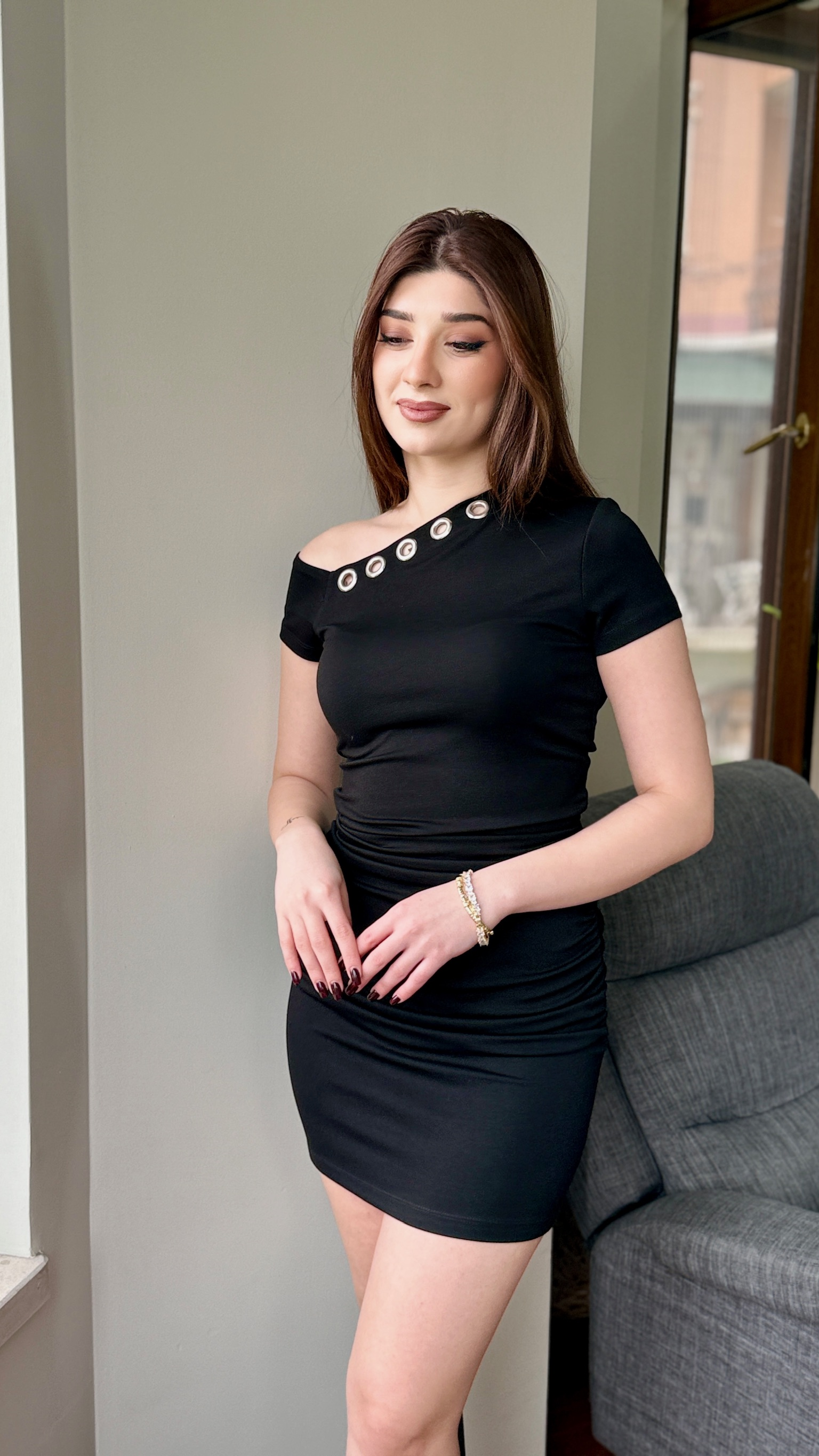 Oys Modal Kumaş Kuşgözü Detaylı Drapeli Elbise Siyah