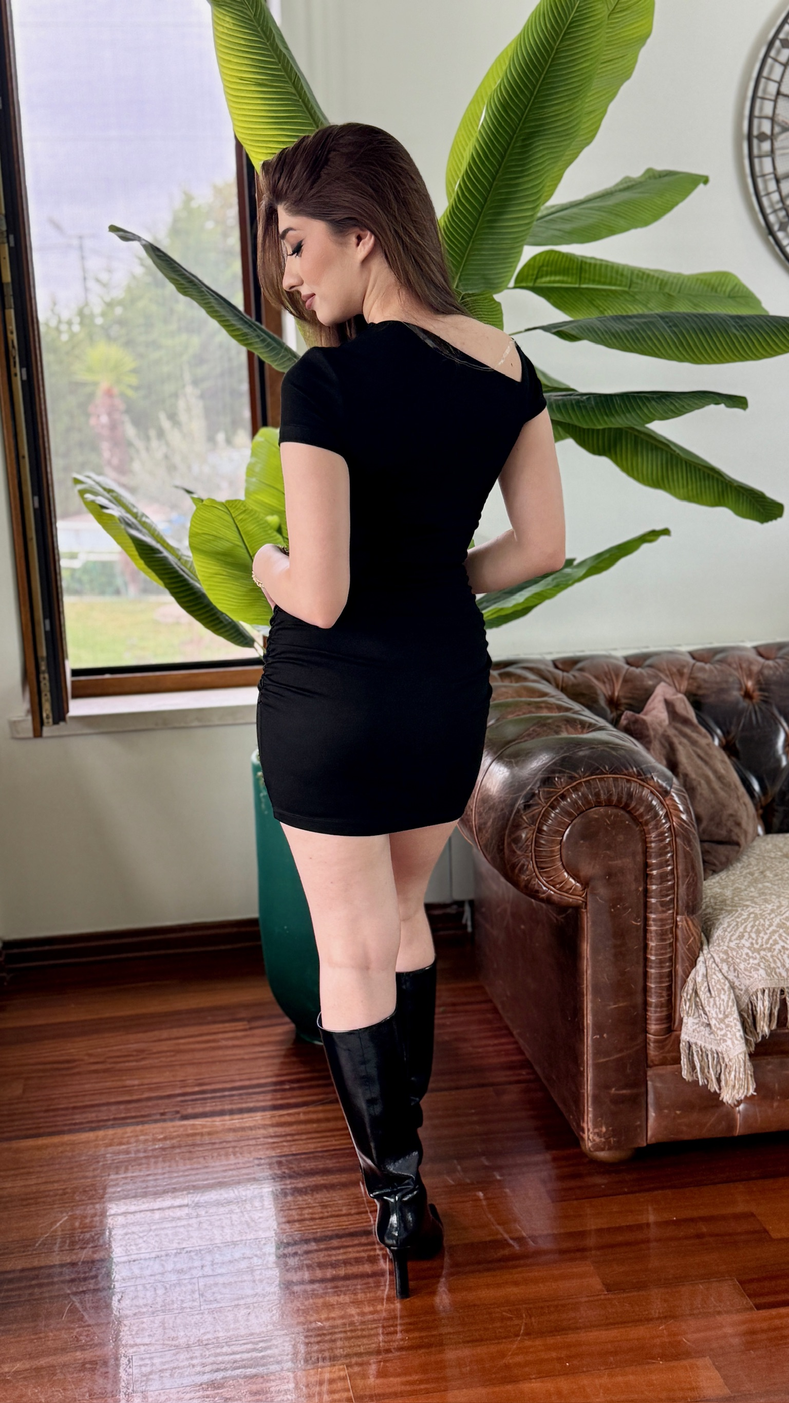 Oys Modal Kumaş Kuşgözü Detaylı Drapeli Elbise Siyah