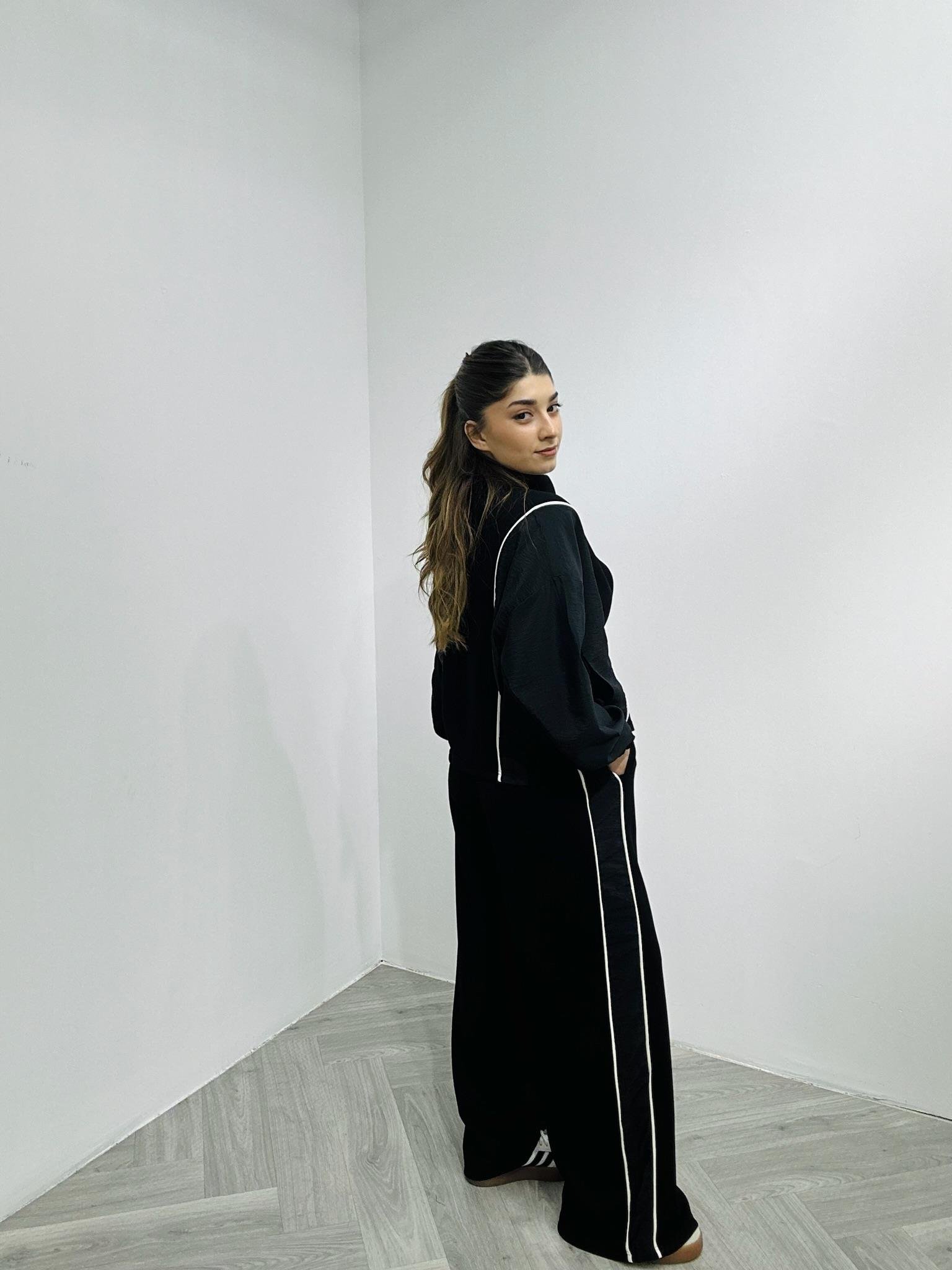 Oys Modal&Paraşüt Kumaş Biye Detay Fermuarlı İkili Eşofman Siyah Takım