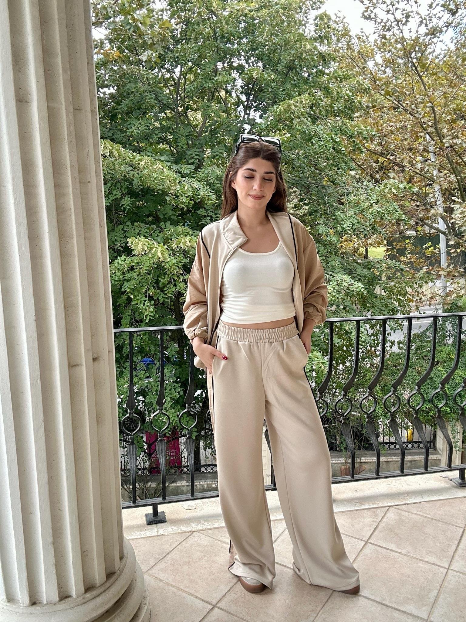 Oys Modal&Paraşüt Kumaş Biye Detay Fermuarlı İkili Eşofman Krem Takım