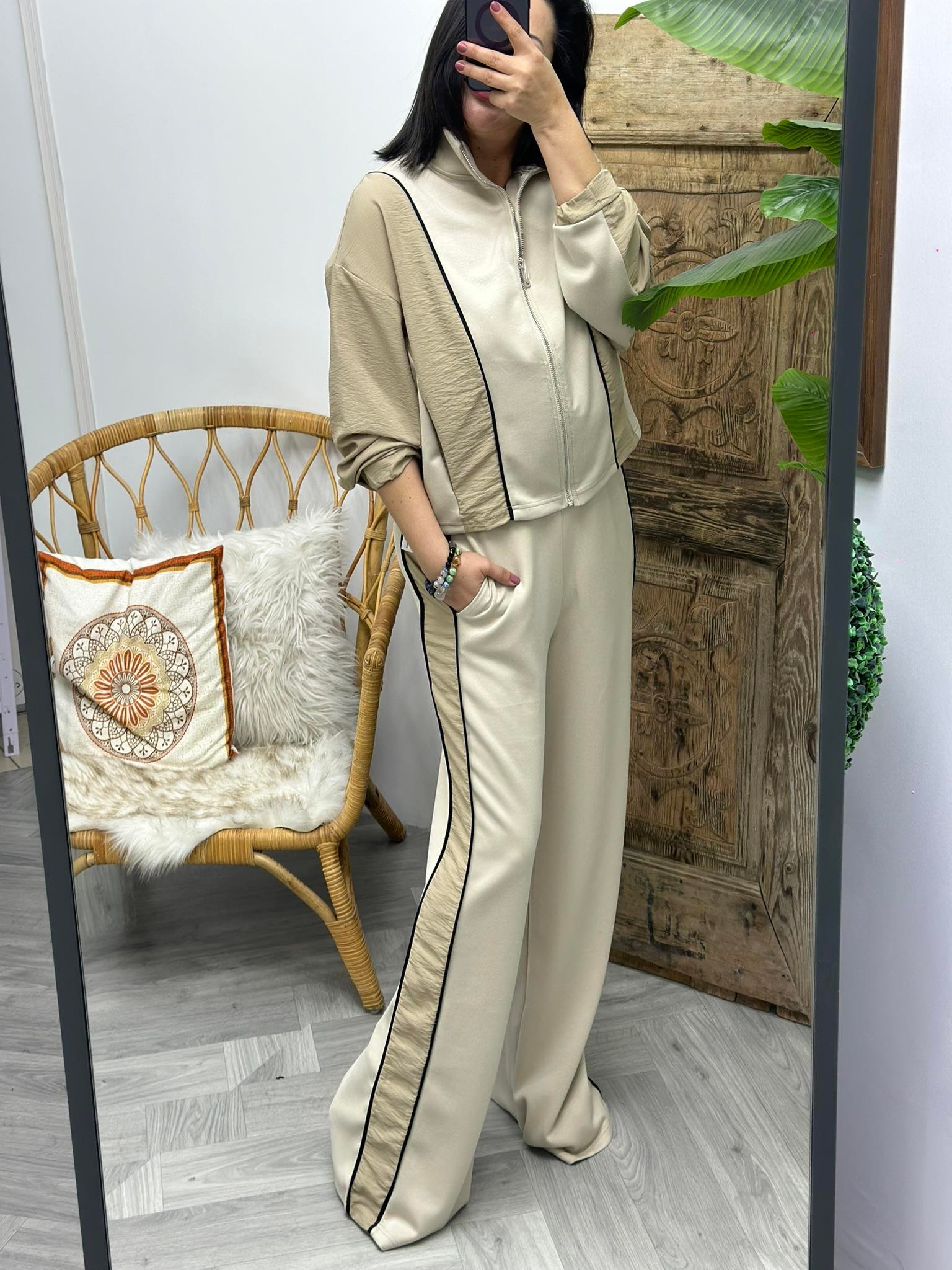 Oys Modal&Paraşüt Kumaş Biye Detay Fermuarlı İkili Eşofman Krem Takım