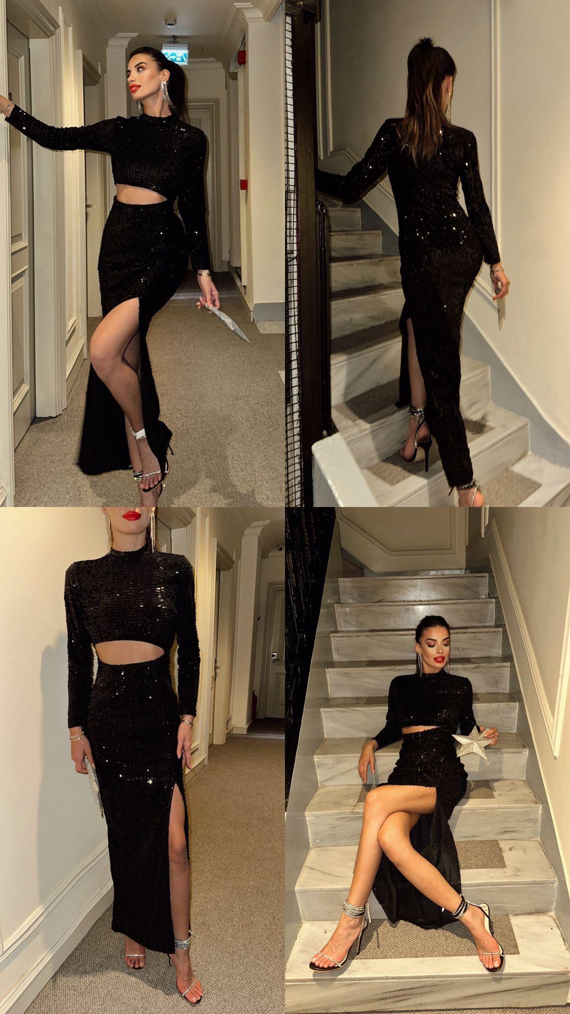 Payet Kadife Kumaş Bel Dekolteli Yırtmaçlı Uzun Siyah Elbise