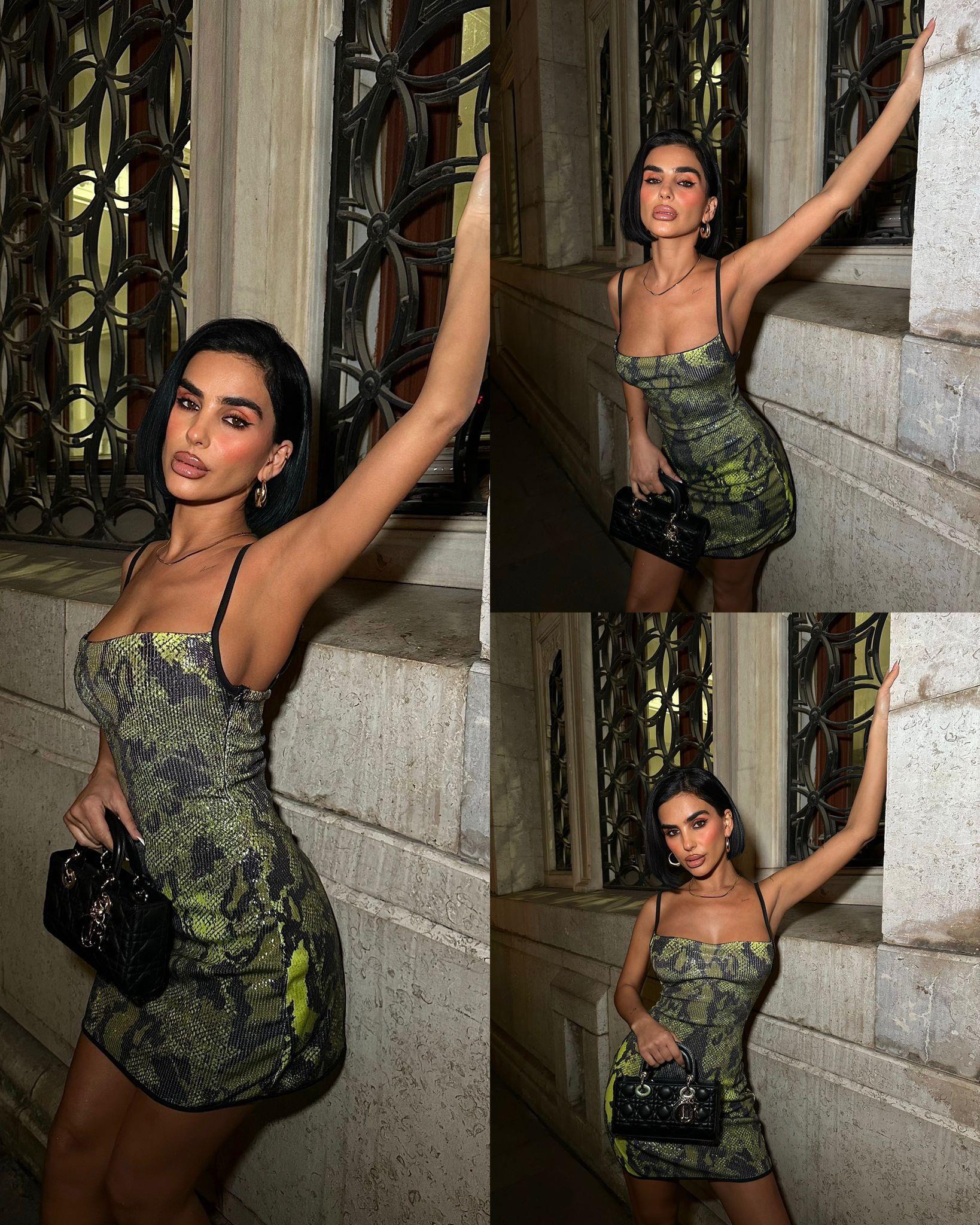 Payet Kumaş İnce Askılı Yeşil Snake Desen Mini Elbise 