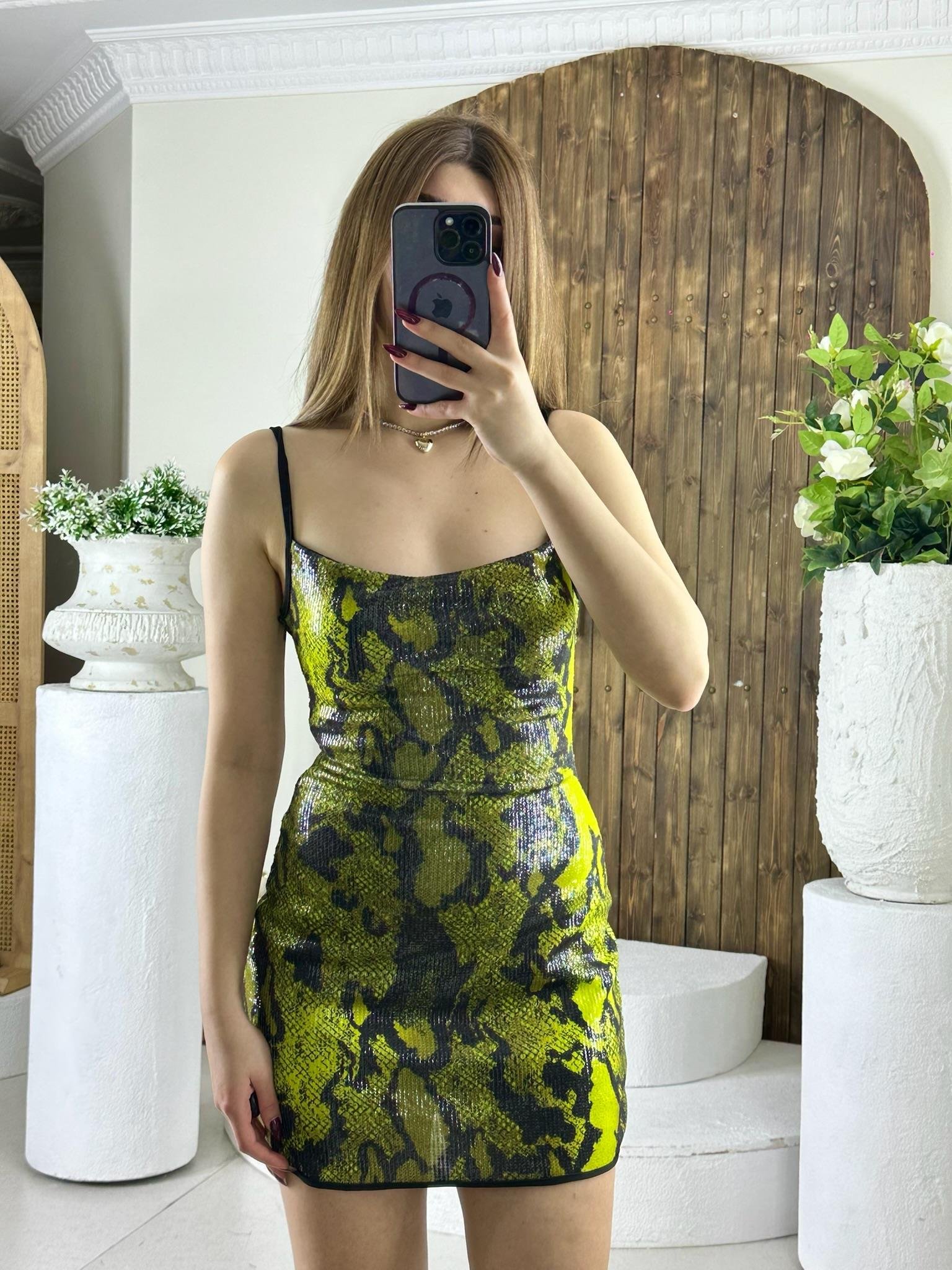 Payet Kumaş İnce Askılı Yeşil Snake Desen Mini Elbise 