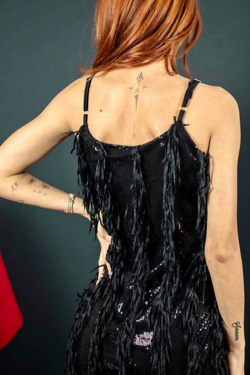 Payet Kumaş Saçak Detaylı Tasarım Mini Elbise Siyah