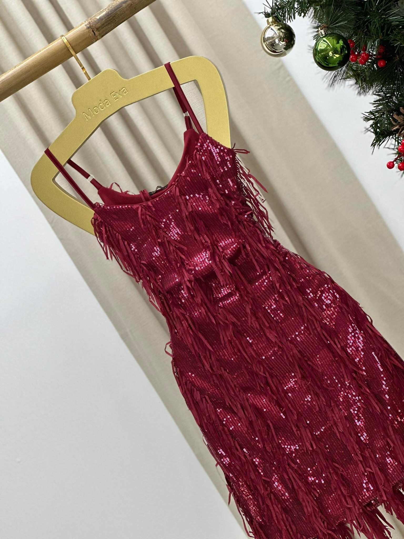 Payet Kumaş Saçak Detaylı Tasarım Mini Elbise