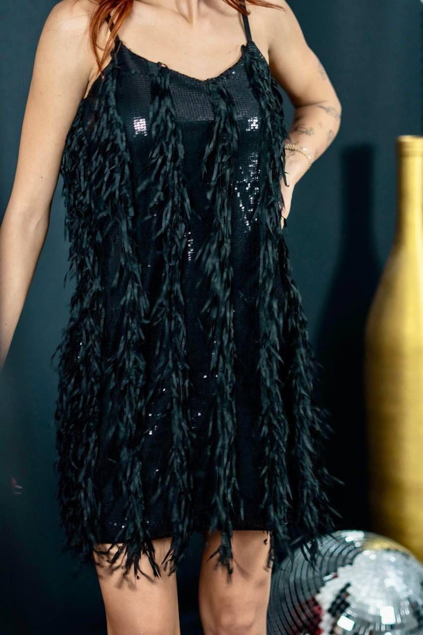 Payet Kumaş Saçak Detaylı Tasarım Mini Elbise Siyah