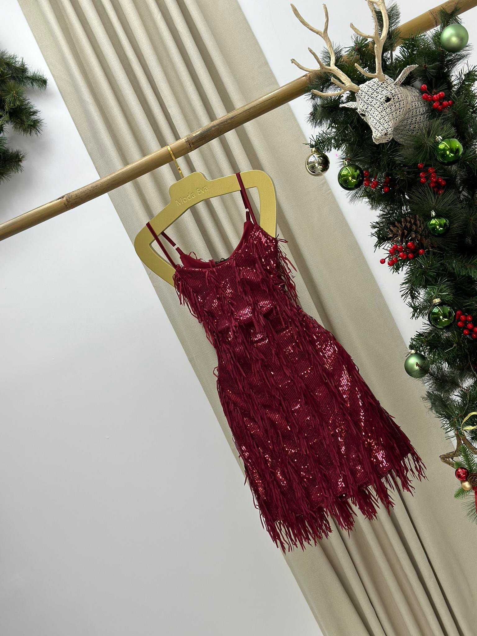 Payet Kumaş Saçak Detaylı Tasarım Mini Elbise