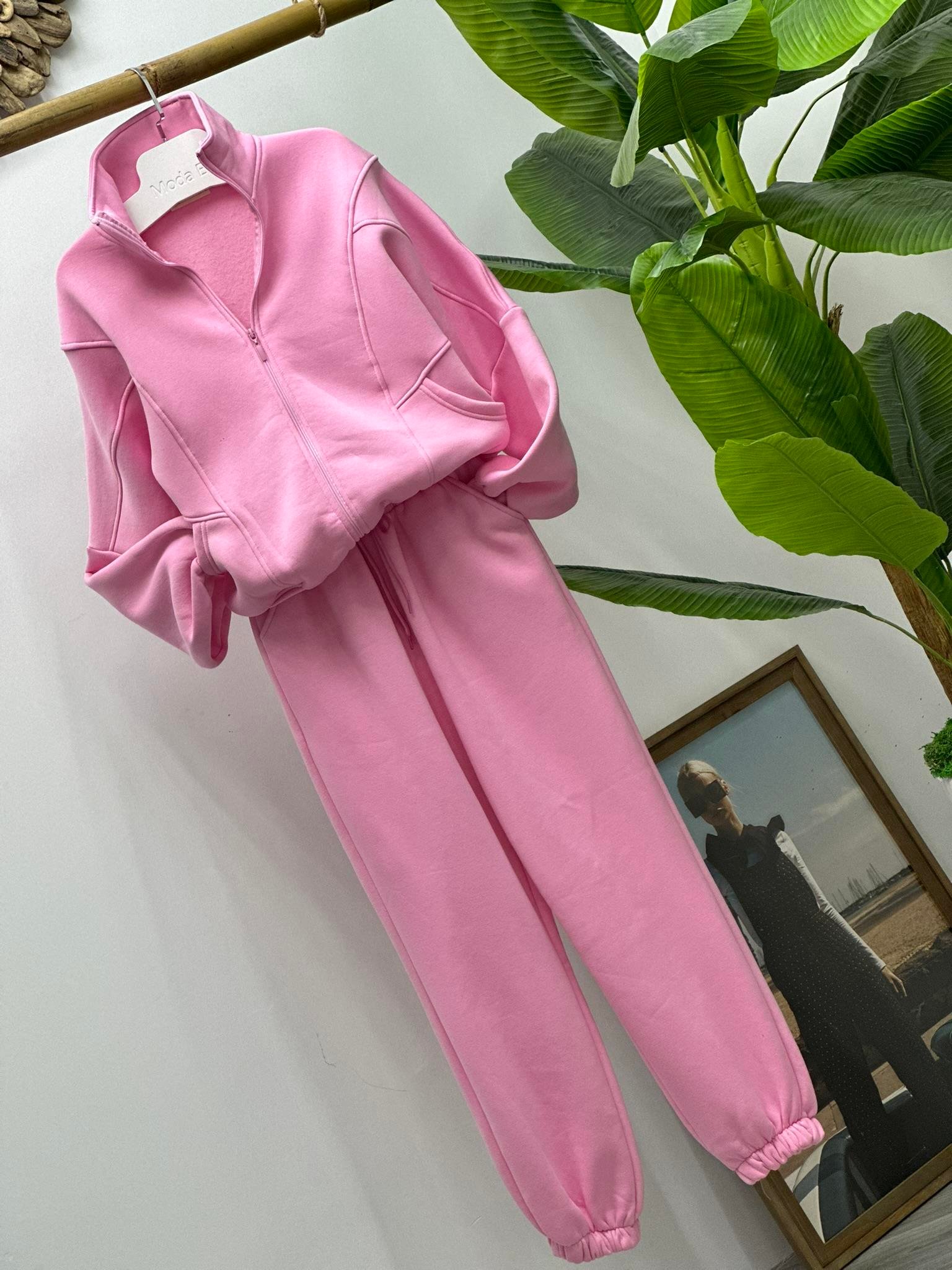 Pembe Üç İplik Dokuma İçi Şardonlu Jogger Eşofman Takım 