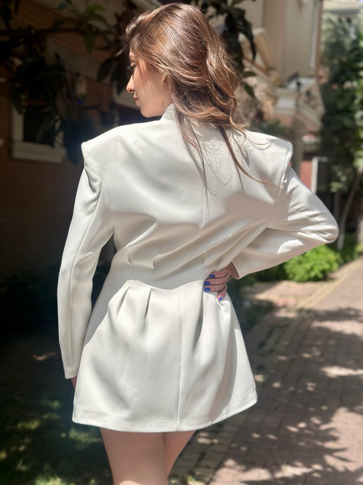 Poli Viskon Kumaş Bele Oturmalı Blazer Ceket Etek İkili Takım Beyaz