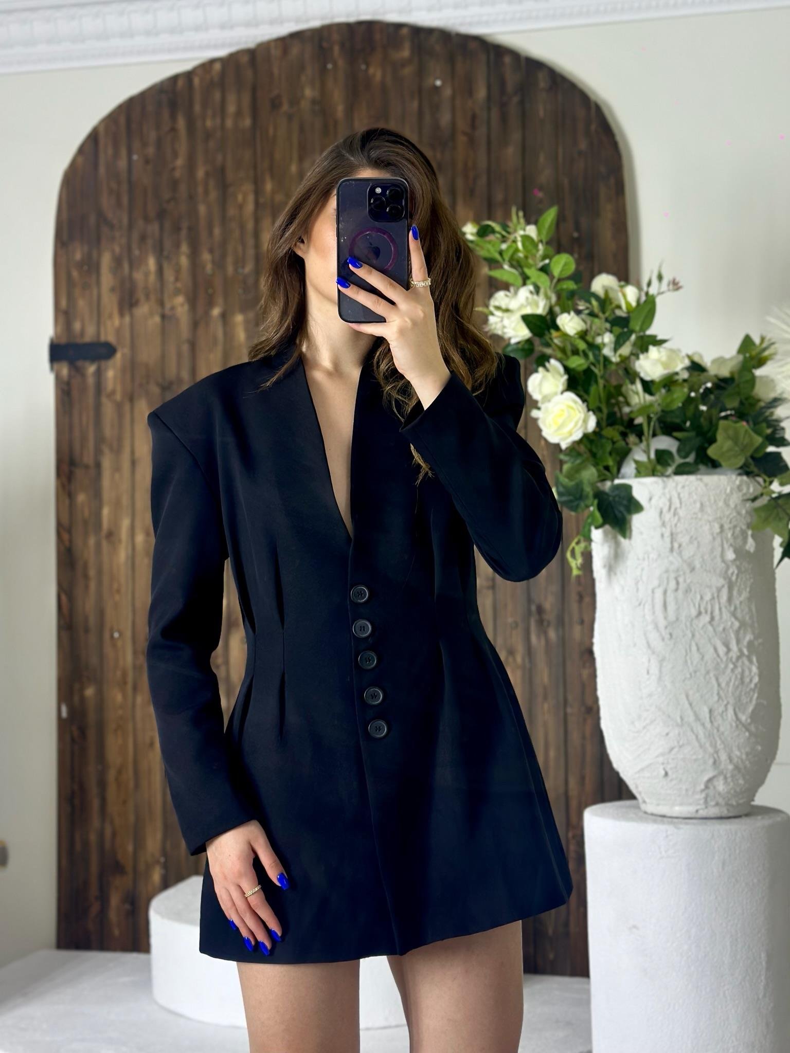 Poli Viskon Kumaş Bele Oturmalı Blazer Ceket Etek İkili Takım Siyah