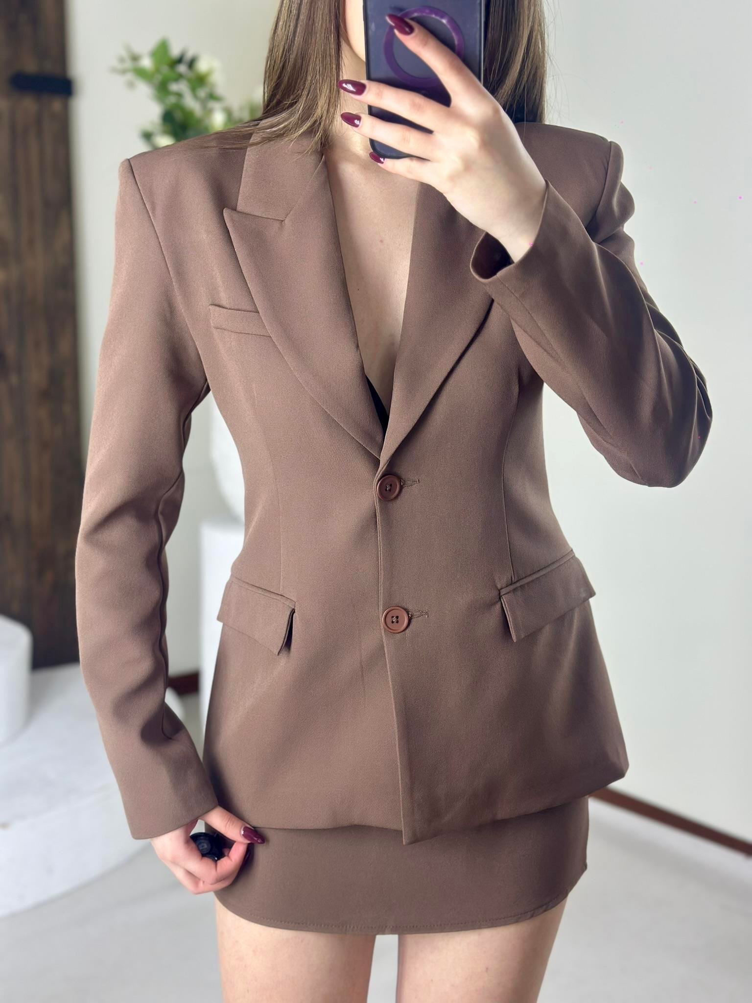 Poli Viskon Kumaş Blazer Ceket Etek İkili Takım Açık Kahverengi