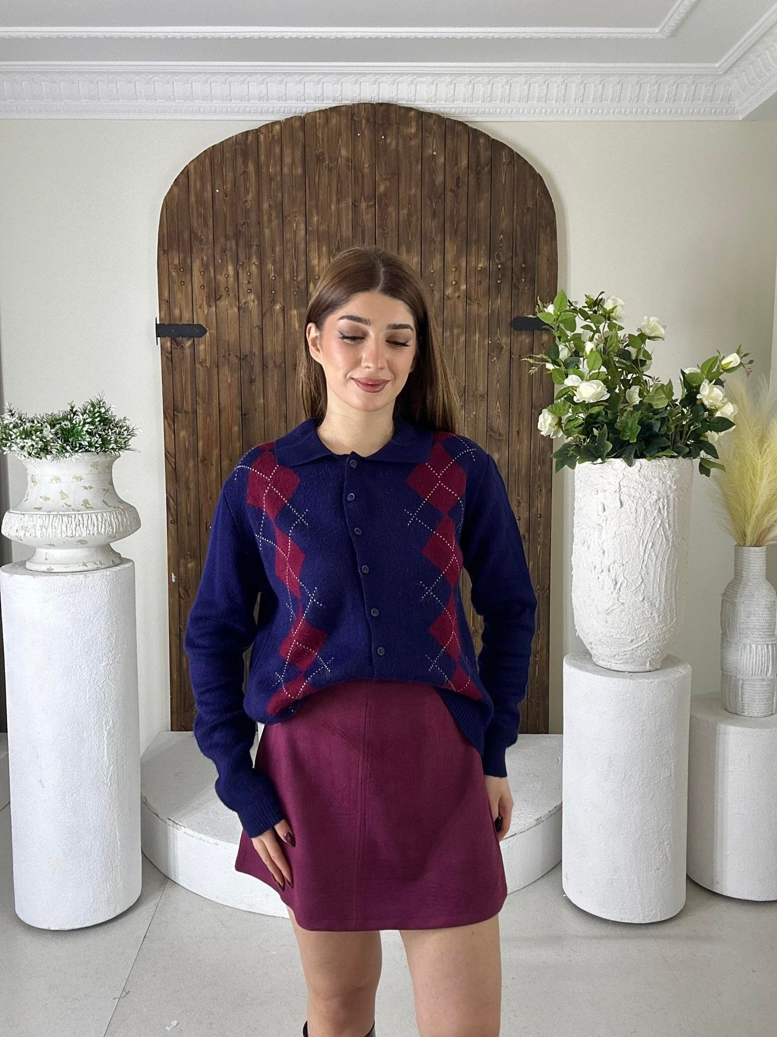 Polo Yaka Baklava Desen Hırka Lacivert