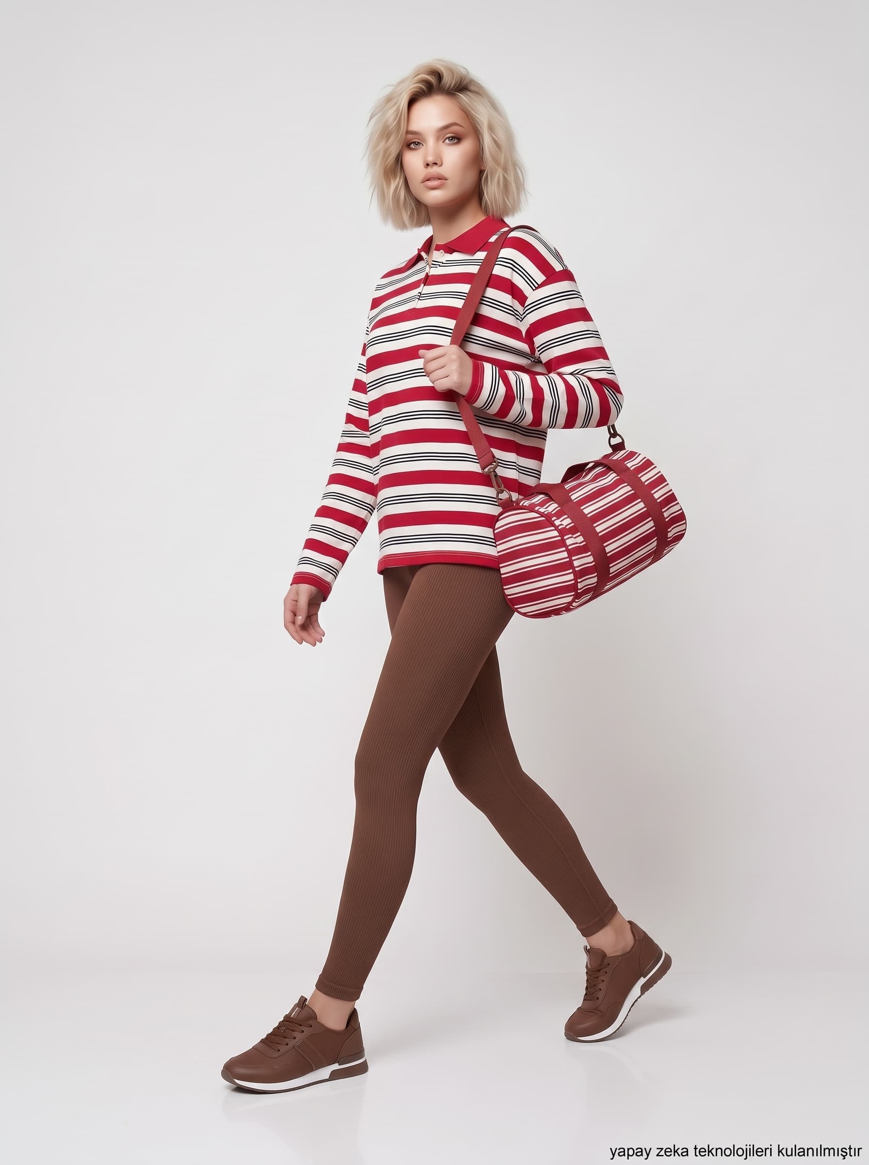Polo Yaka Çizgi Desenli Sweatshirt Kırmızı