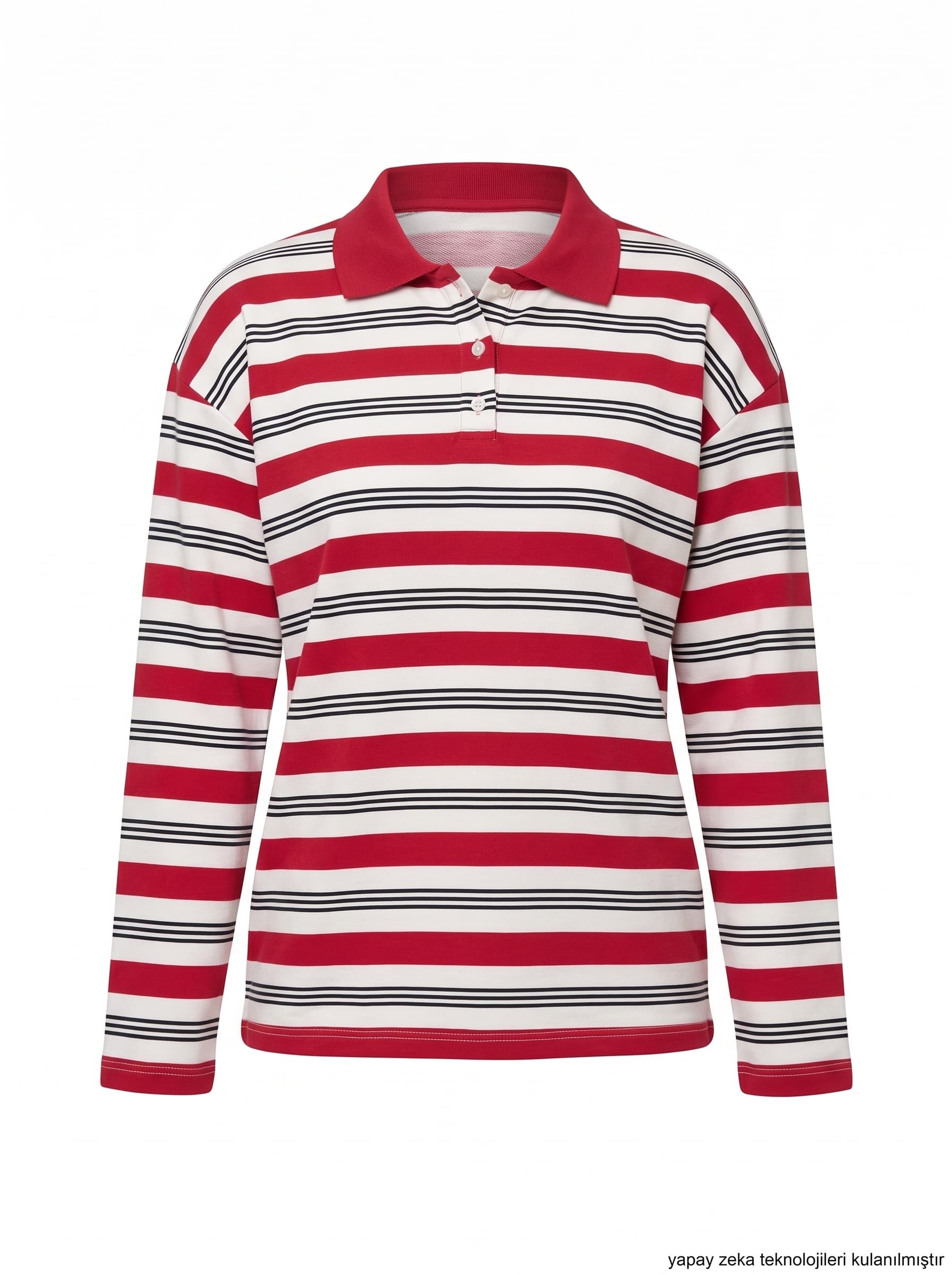 Polo Yaka Çizgi Desenli Sweatshirt Kırmızı