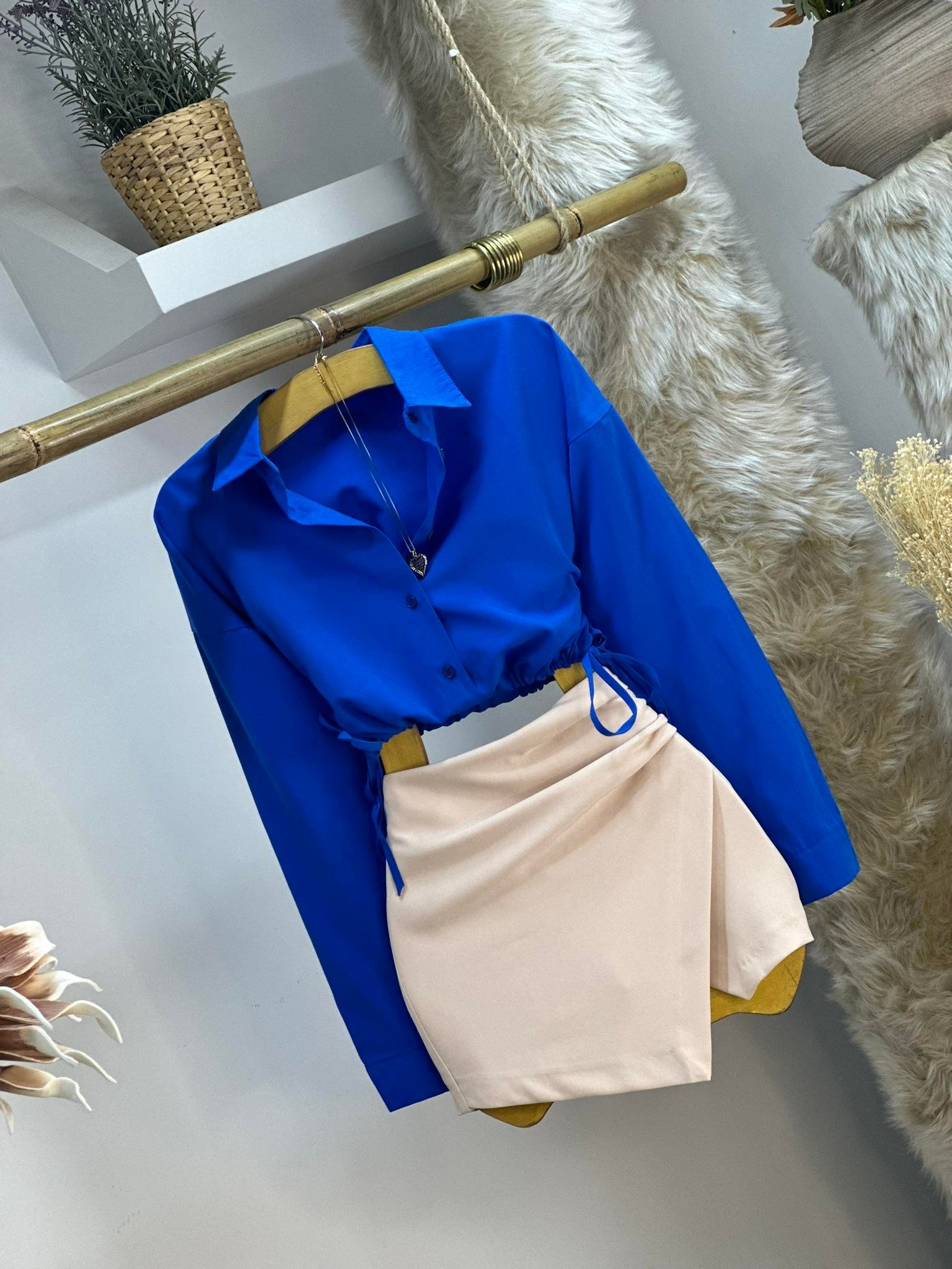 Poplin Kumaş Beli İp Büzgülü Crop Gömlek