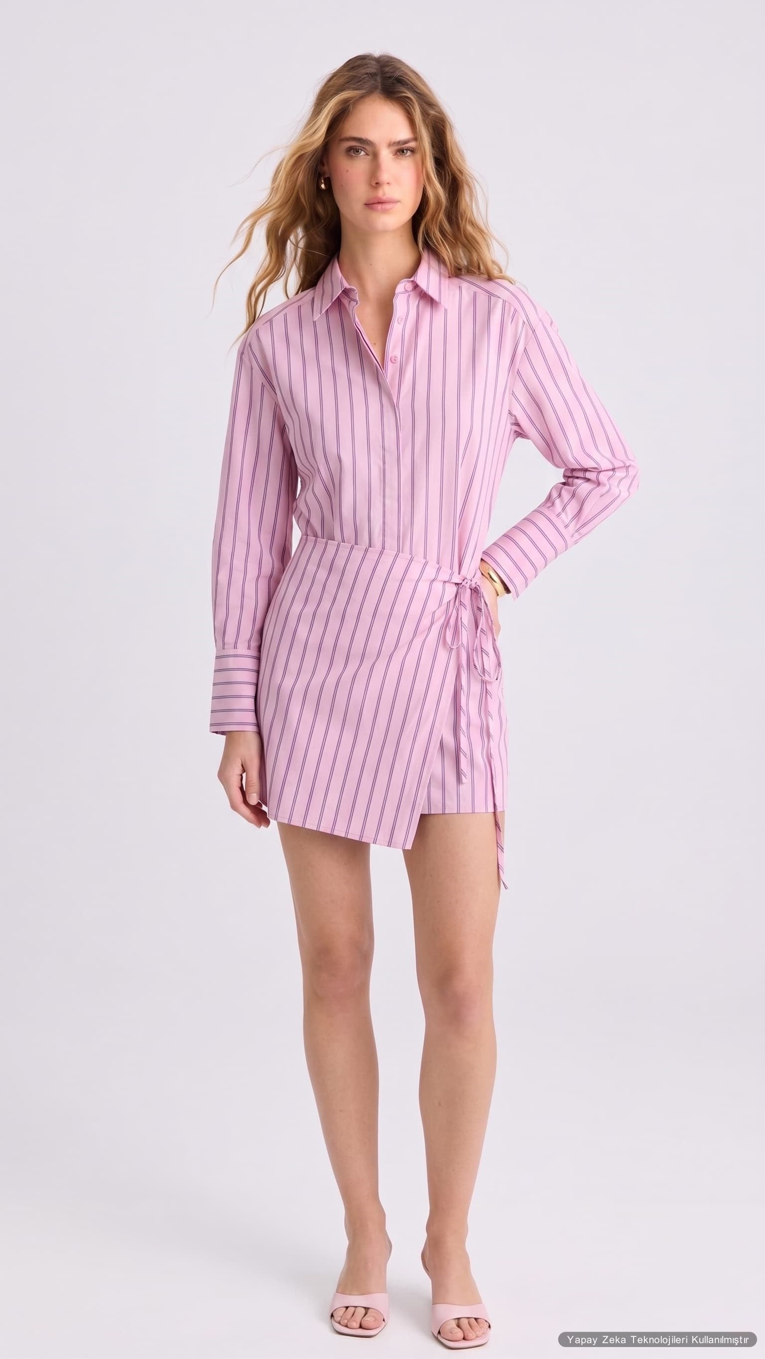 Poplin Kumaş Çizgi Desen Pembe Gömlek Elbise
