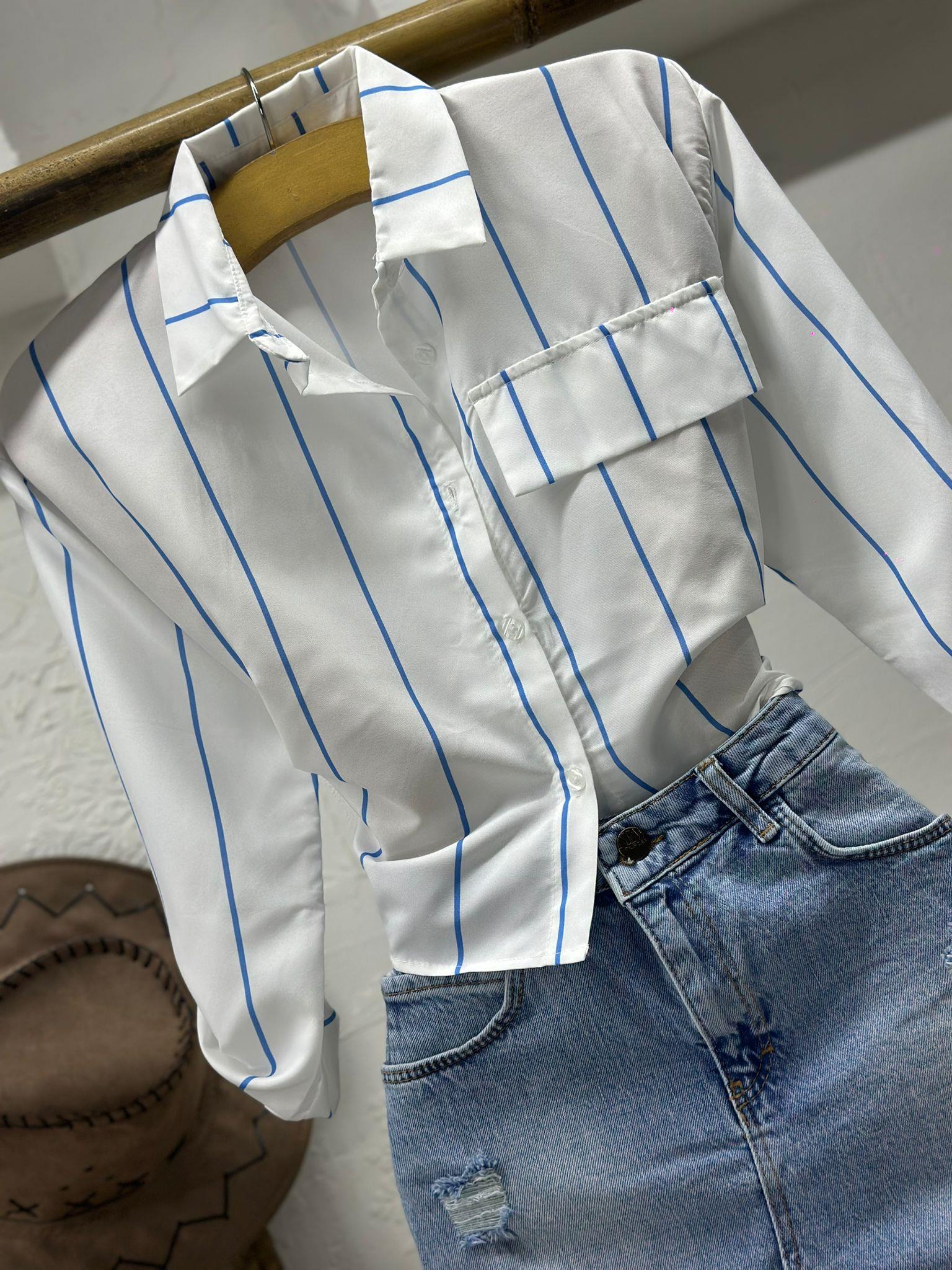 Poplin Kumaş Çizgi Desen Süs Cepli Gömlek 