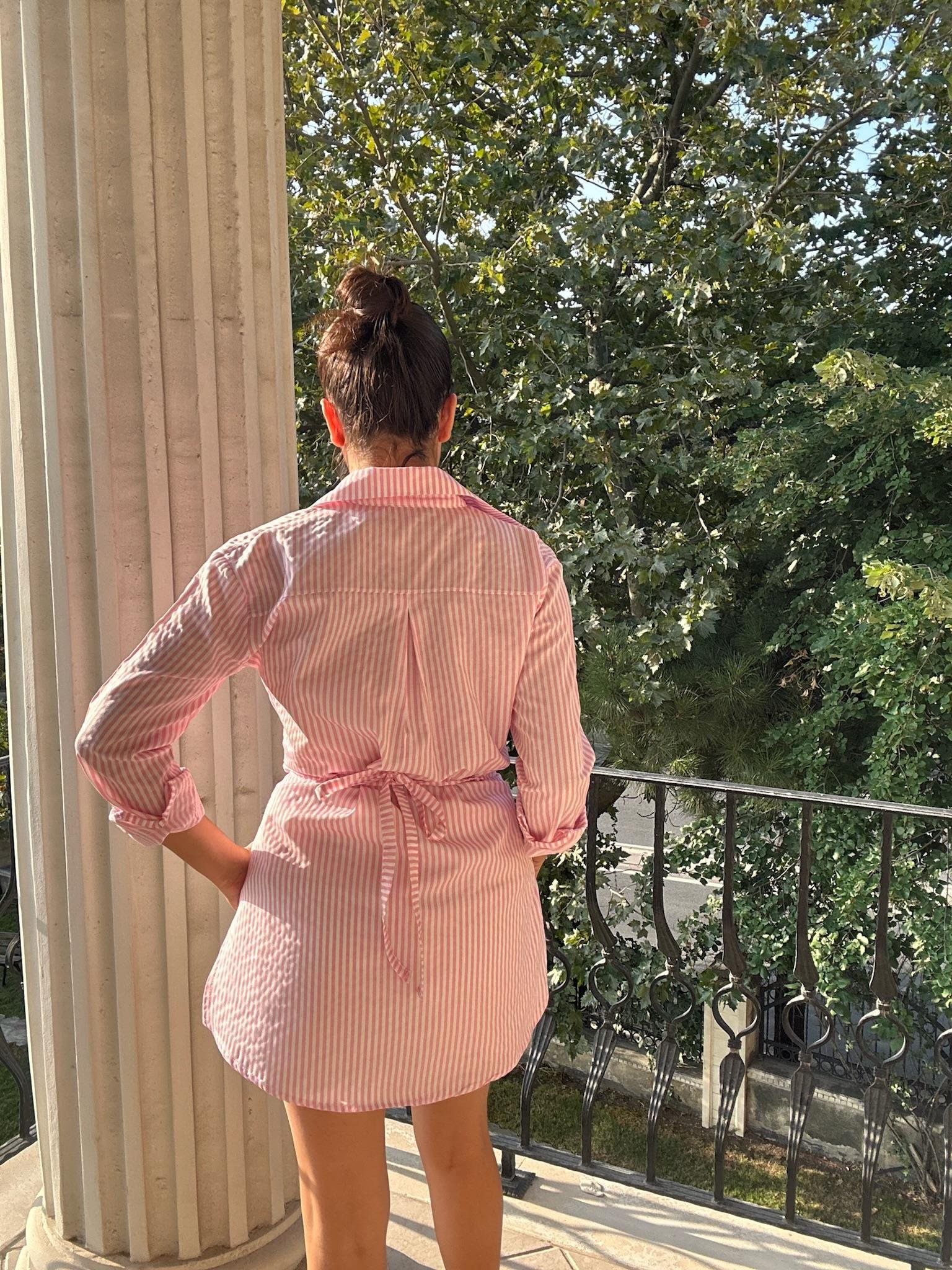 Poplin Kumaş Çizgi Desen Tasarım Gömlek Pembe