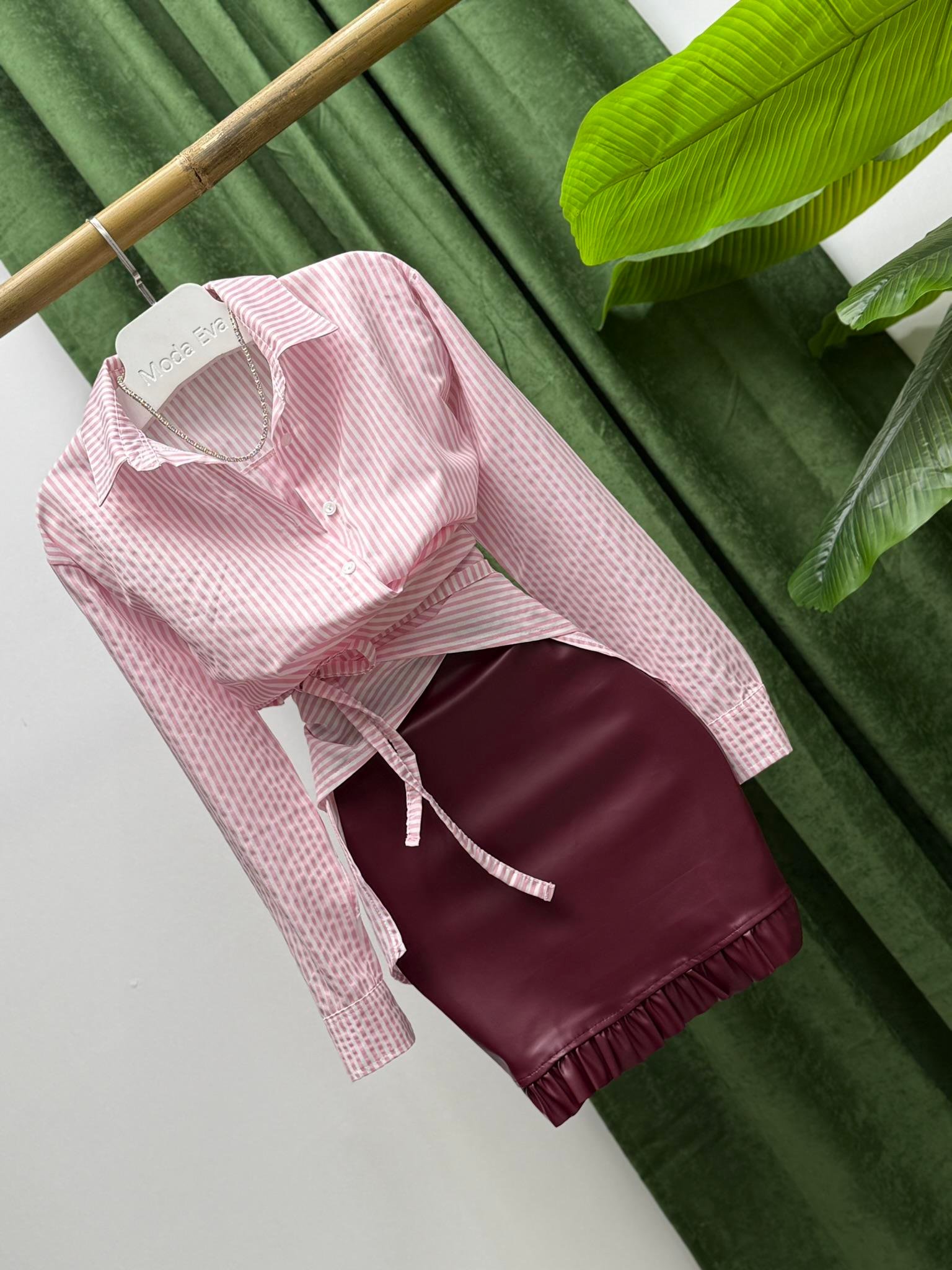 Poplin Kumaş Çizgi Desen Tasarım Gömlek Pembe