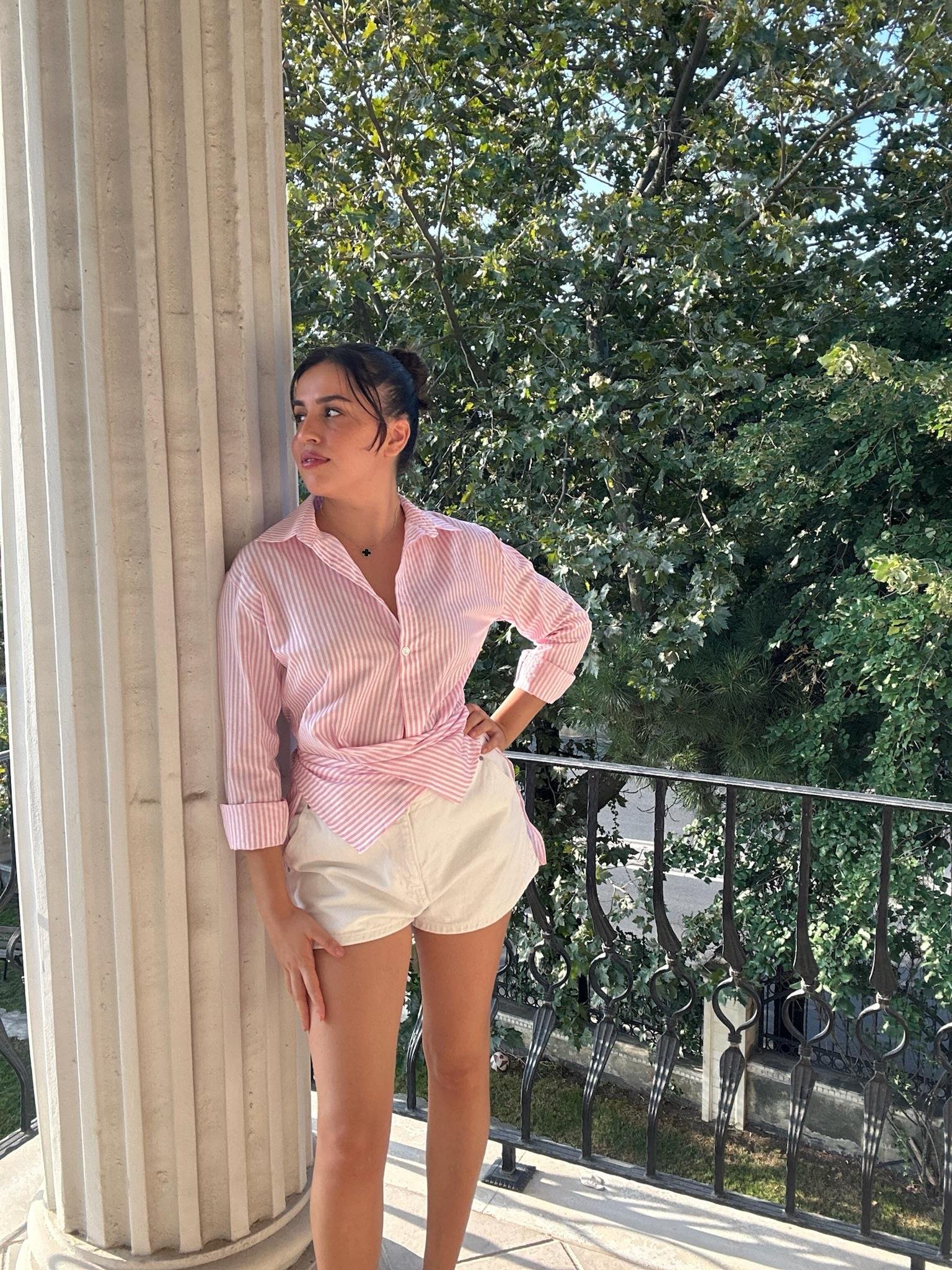 Poplin Kumaş Çizgi Desen Tasarım Gömlek Pembe