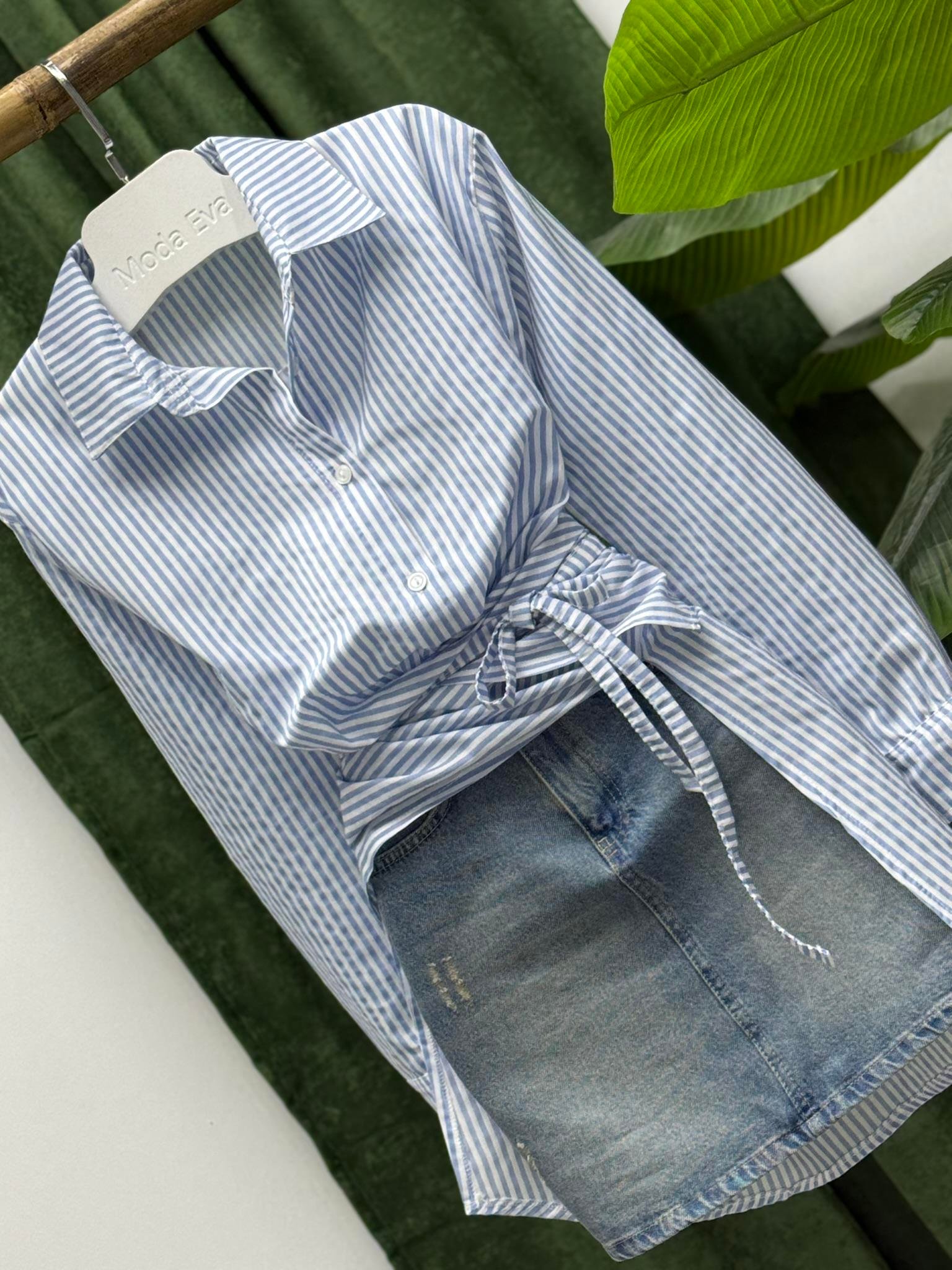 Poplin Kumaş Çizgi Desen Tasarım Gömlek Mavi