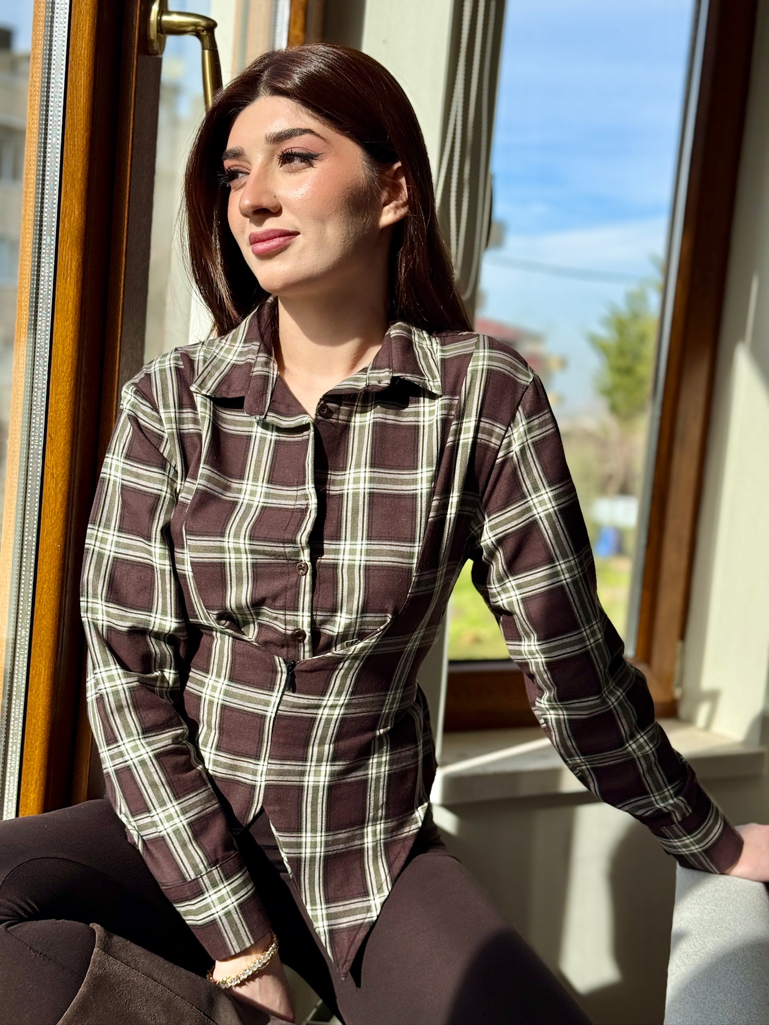 Poplin Kumaş Ekose Desen Gizli Fermuarlı Gömlek Kahverengi