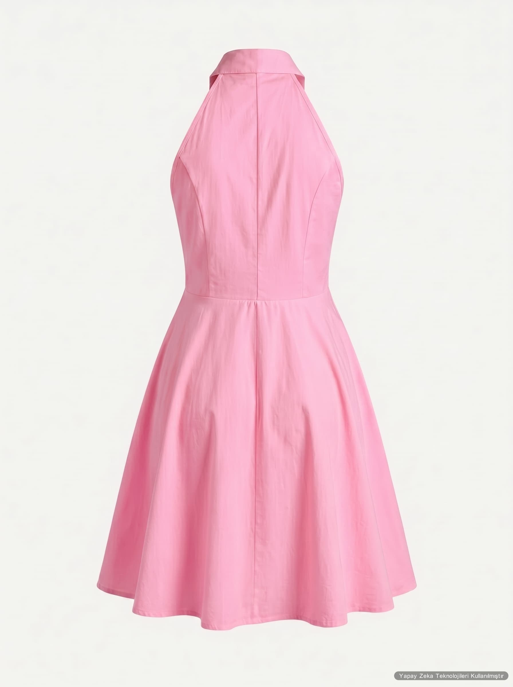 Poplin Kumaş İnci Düğmeli Yanlar Cepli Kloş Gömlek Elbise Pembe