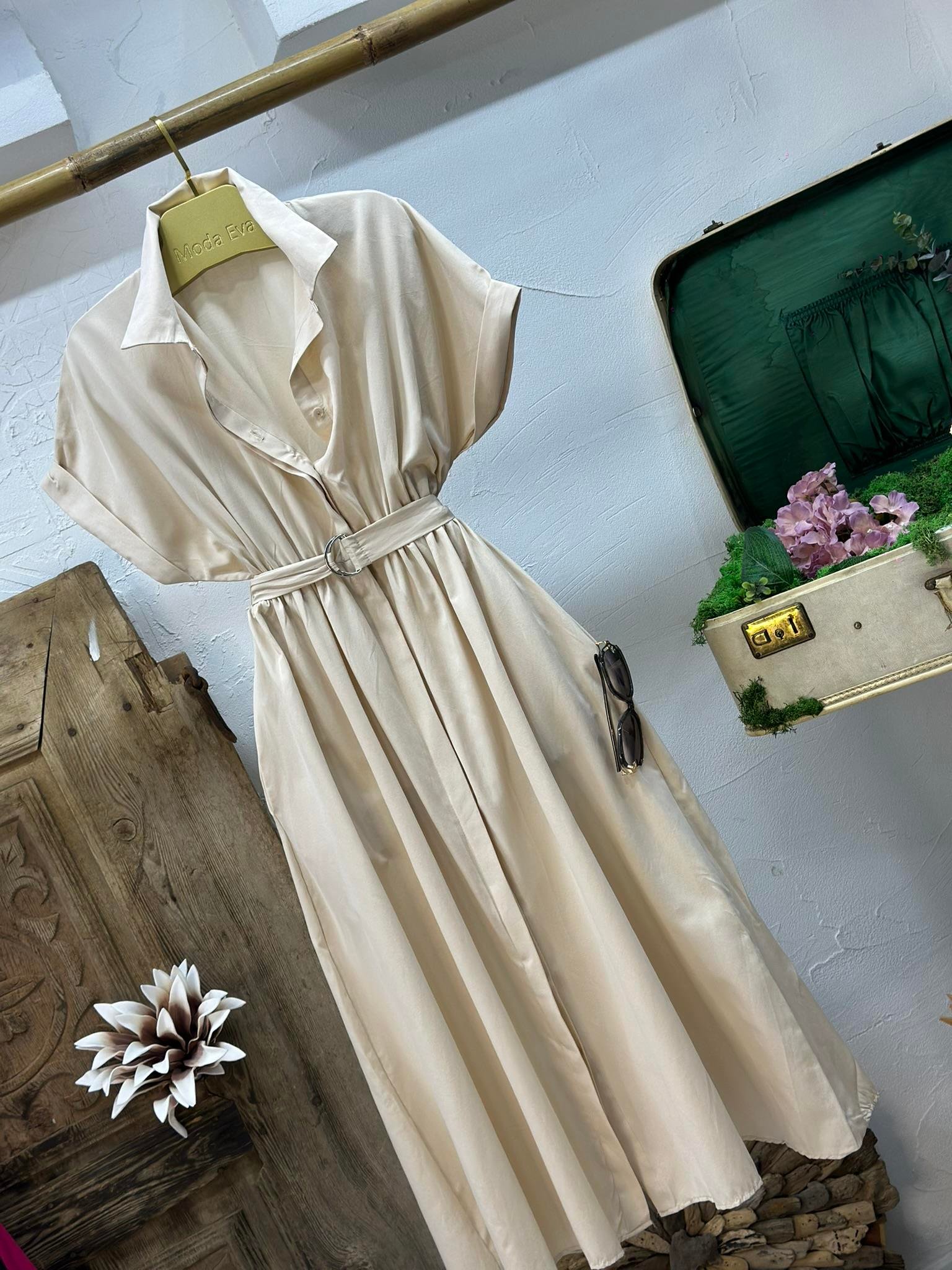 Poplin Kumaş Kemer Detaylı Cepli Uzun Elbise