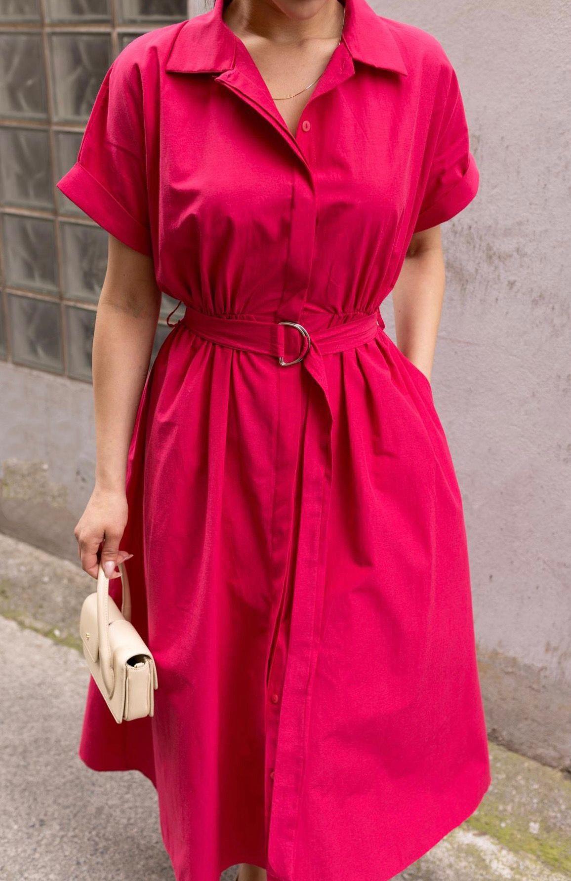 Poplin Kumaş Kemer Detaylı Cepli Uzun Elbise