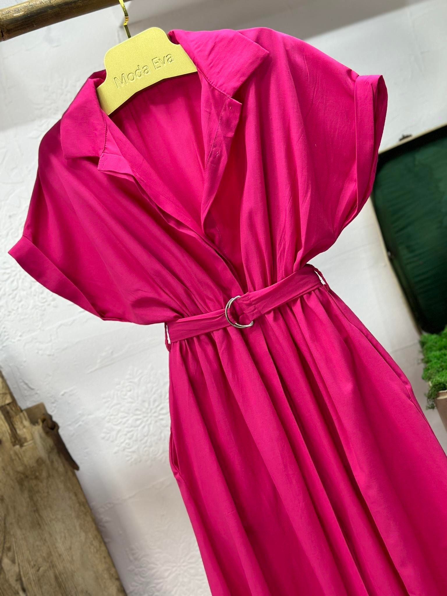 Poplin Kumaş Kemer Detaylı Cepli Uzun Elbise