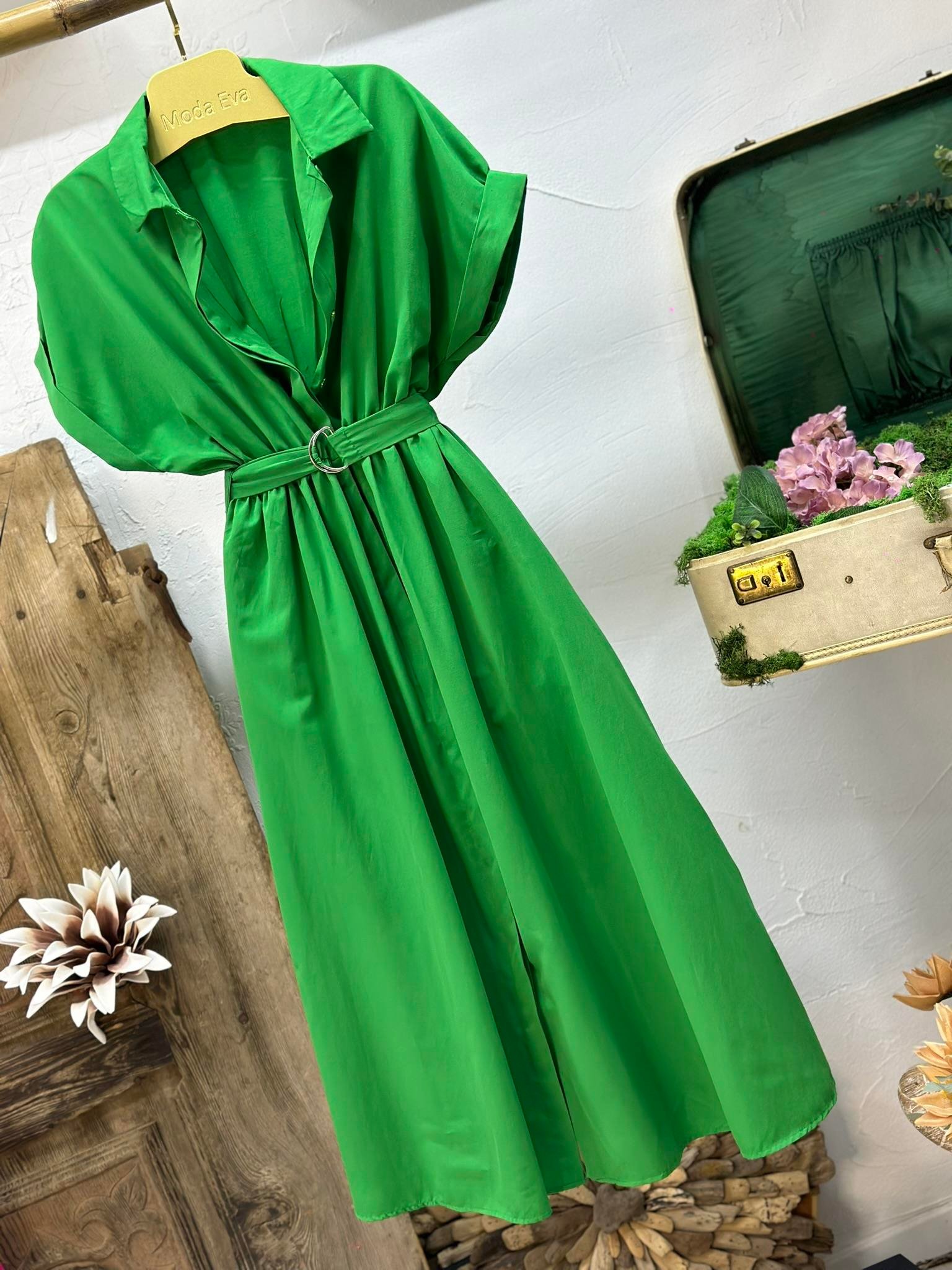 Poplin Kumaş Kemer Detaylı Cepli Uzun Elbise