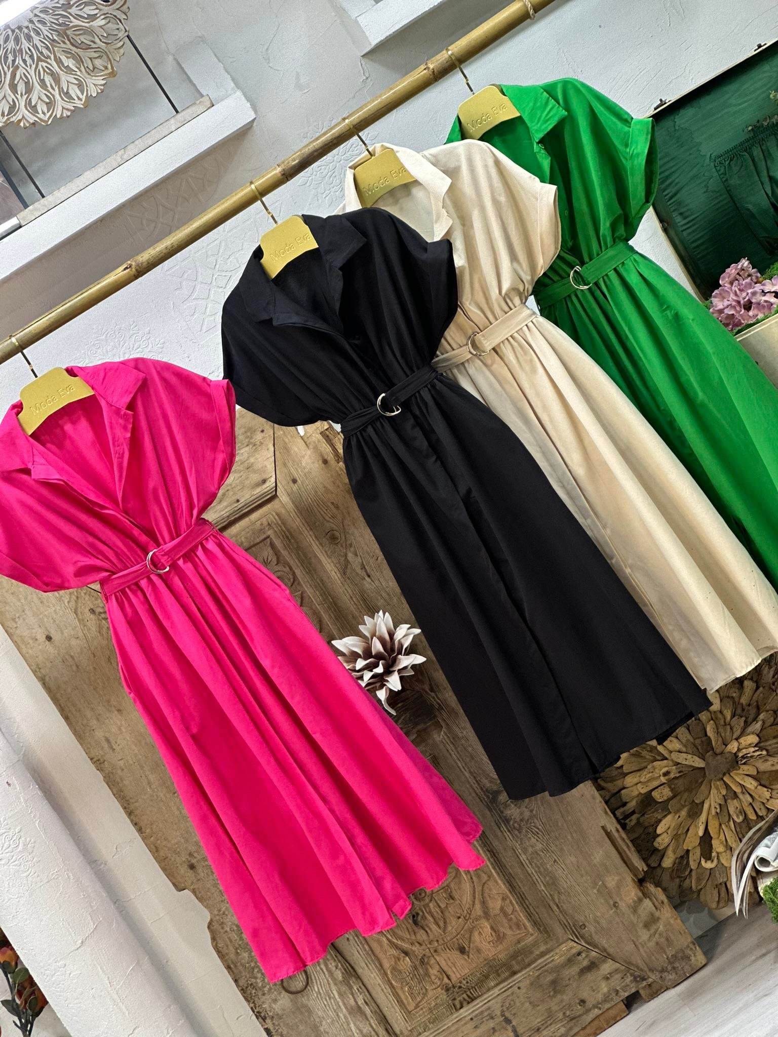 Poplin Kumaş Kemer Detaylı Cepli Uzun Elbise