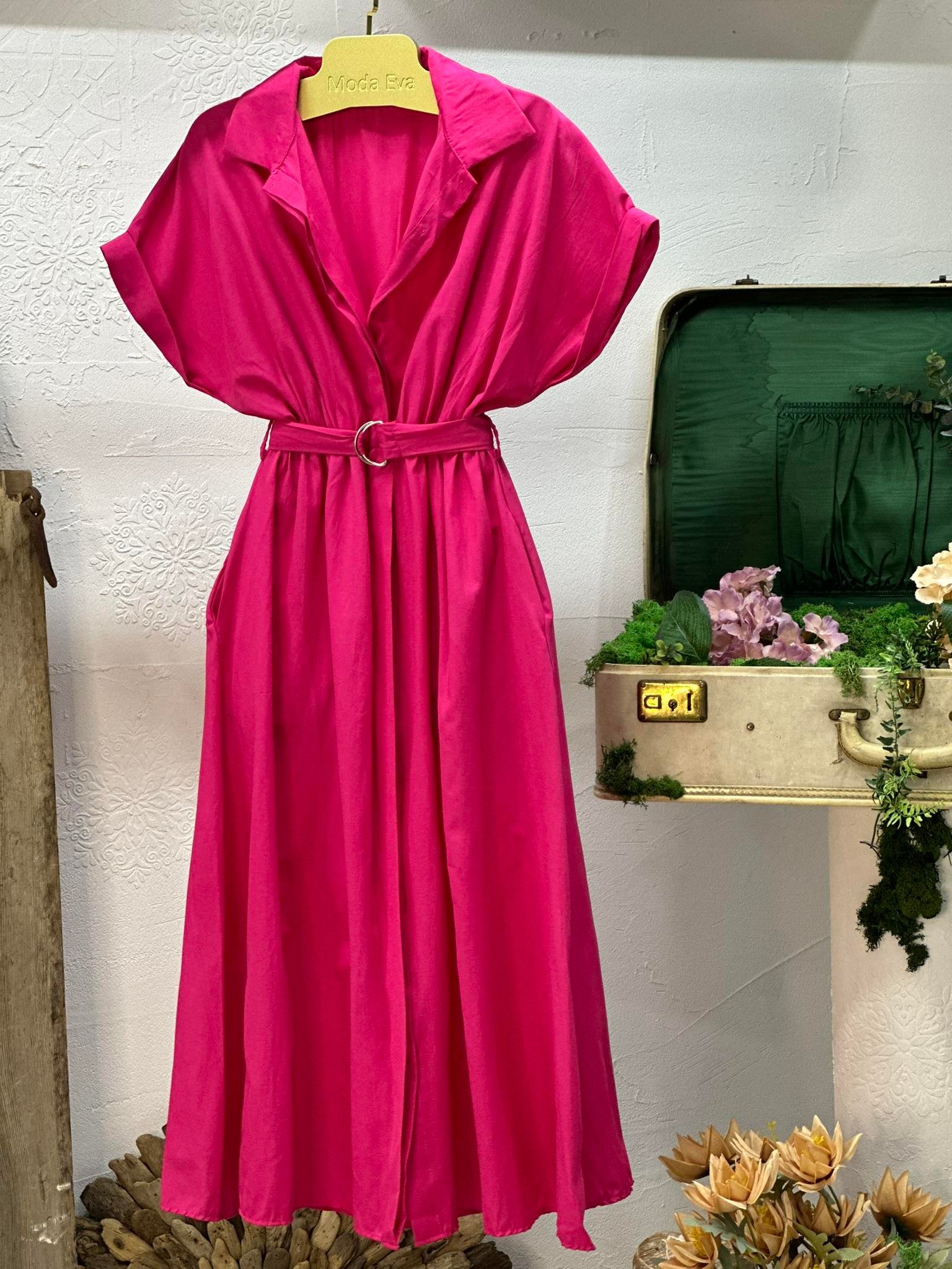 Poplin Kumaş Kemer Detaylı Cepli Uzun Elbise