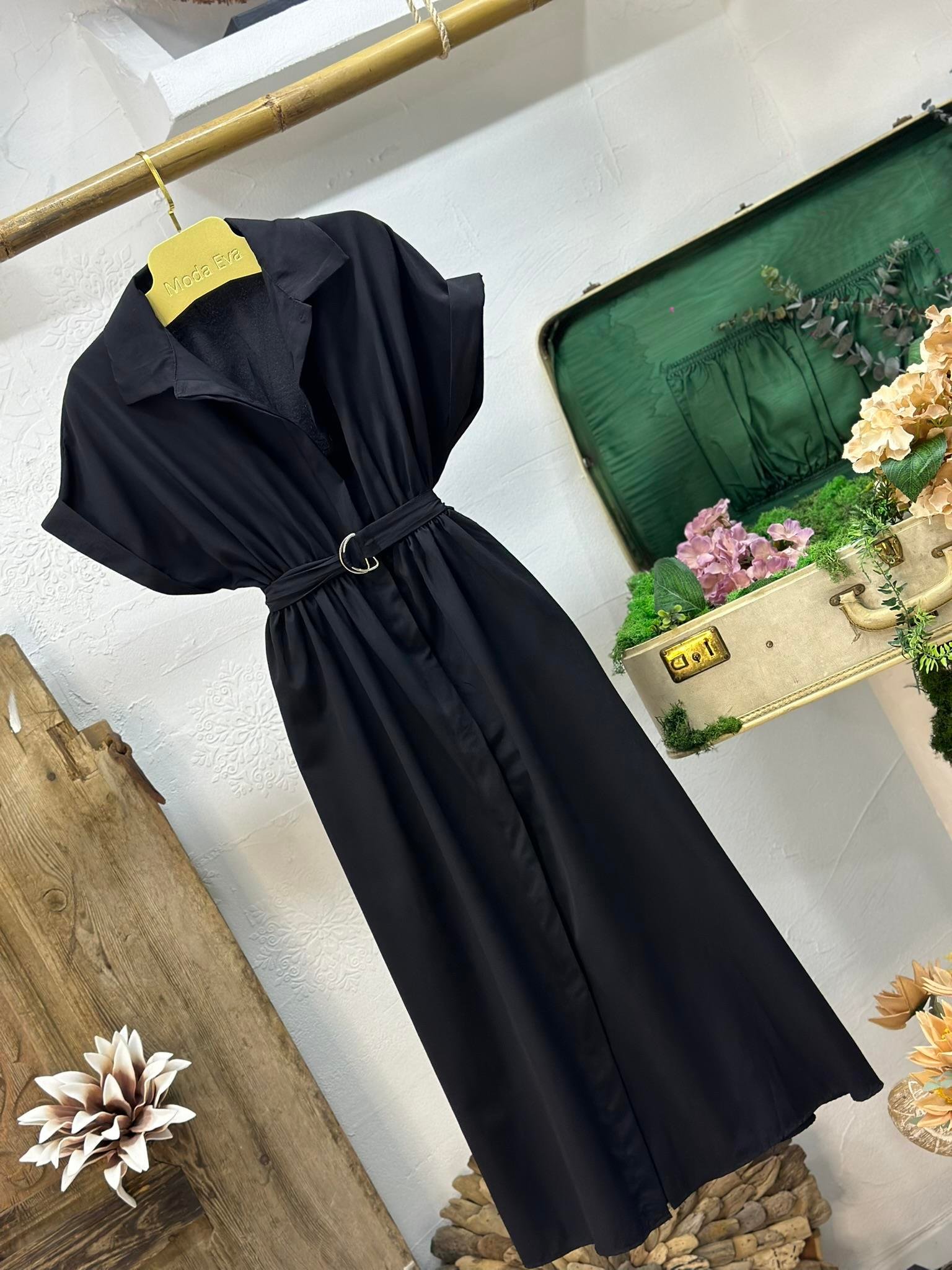 Poplin Kumaş Kemer Detaylı Cepli Uzun Elbise