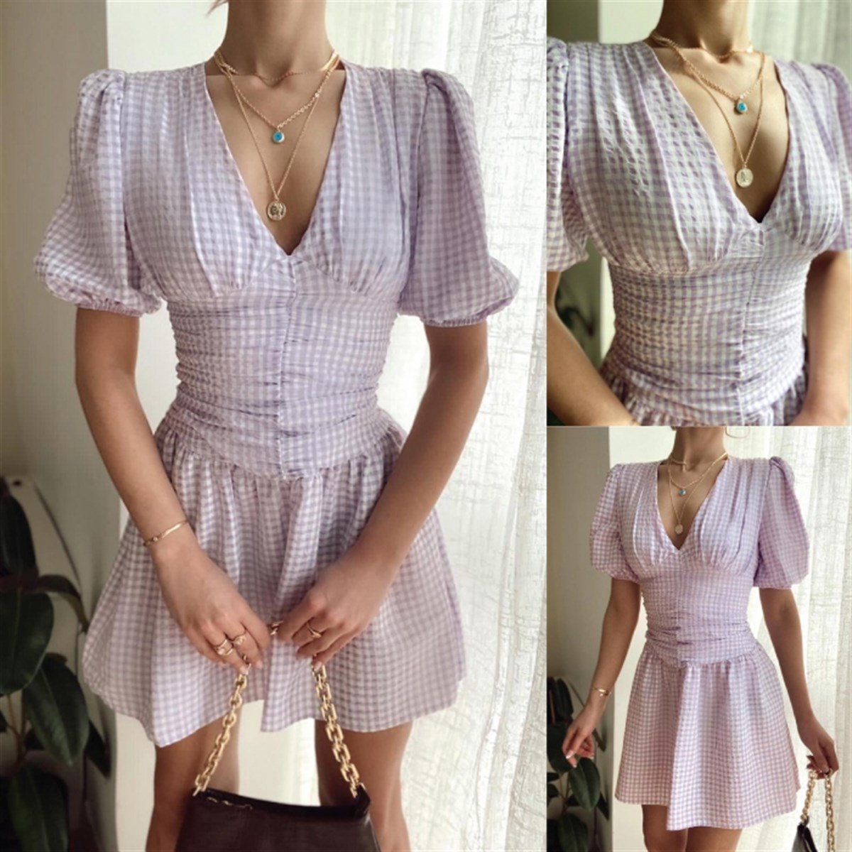 PÖTİ KARE DESEN BALON KOL ELBİSE