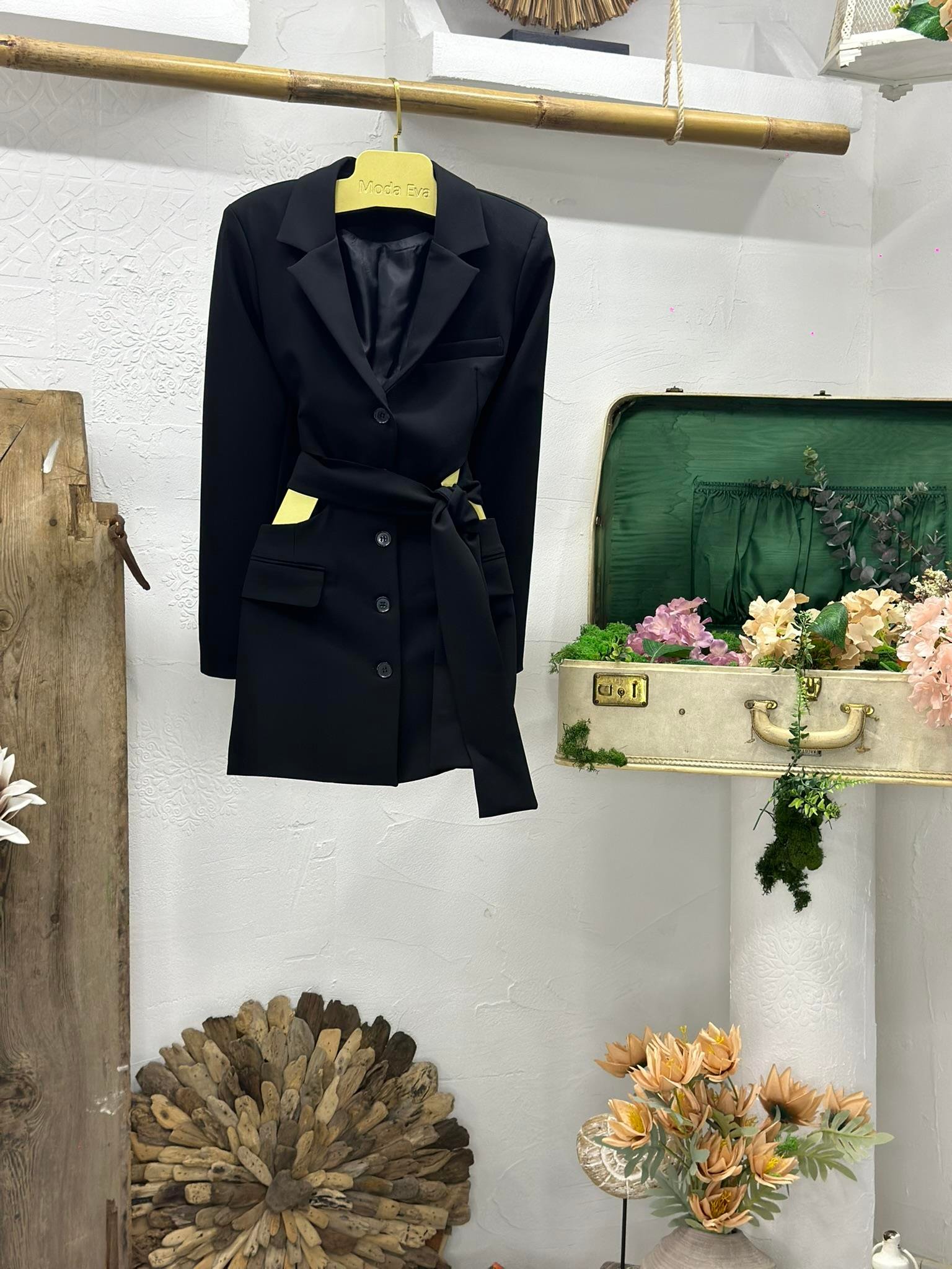 Premium Kalite Crep Kumaş  Astarlı Bel Dekolteli Astarlı Siyah Ceket Elbise