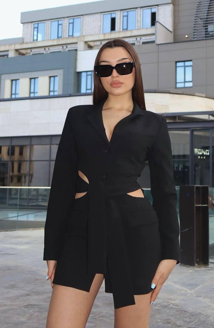 Premium Kalite Crep Kumaş  Astarlı Bel Dekolteli Astarlı Siyah Ceket Elbise