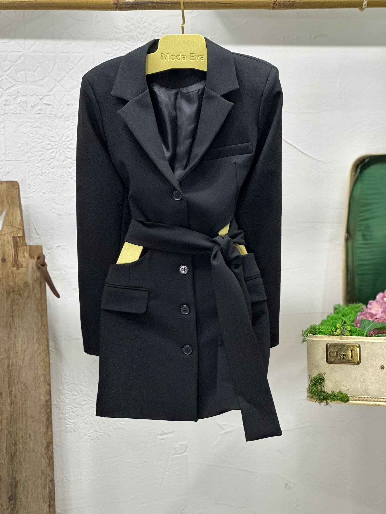 Premium Kalite Crep Kumaş  Astarlı Bel Dekolteli Astarlı Siyah Ceket Elbise