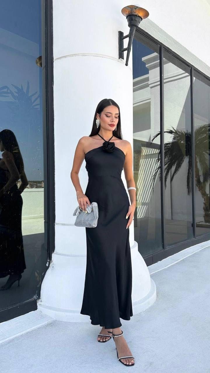 Premium Kalite Saten Kumaş Sırt Detay Elbise Siyah