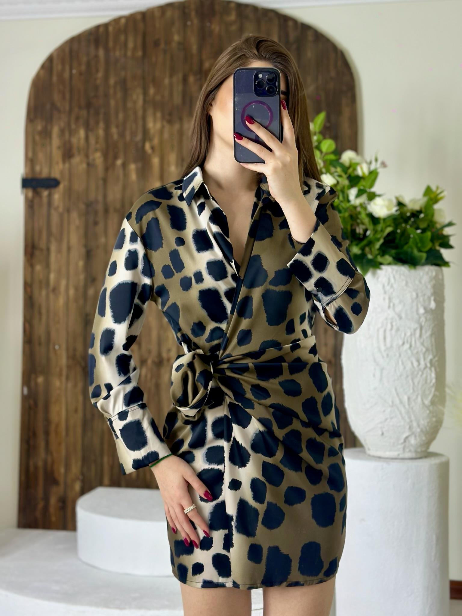 Premium Seri Gramajlı Saten Kumaş Leopar Desen Gömlek Elbise