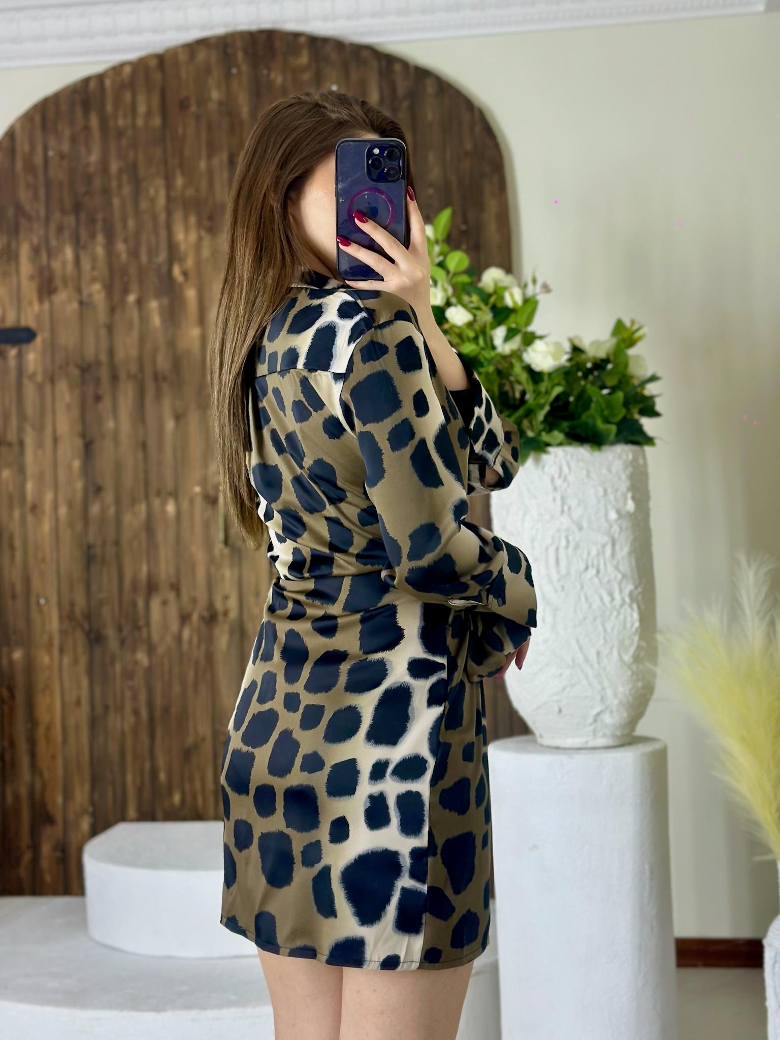 Premium Seri Gramajlı Saten Kumaş Leopar Desen Gömlek Elbise