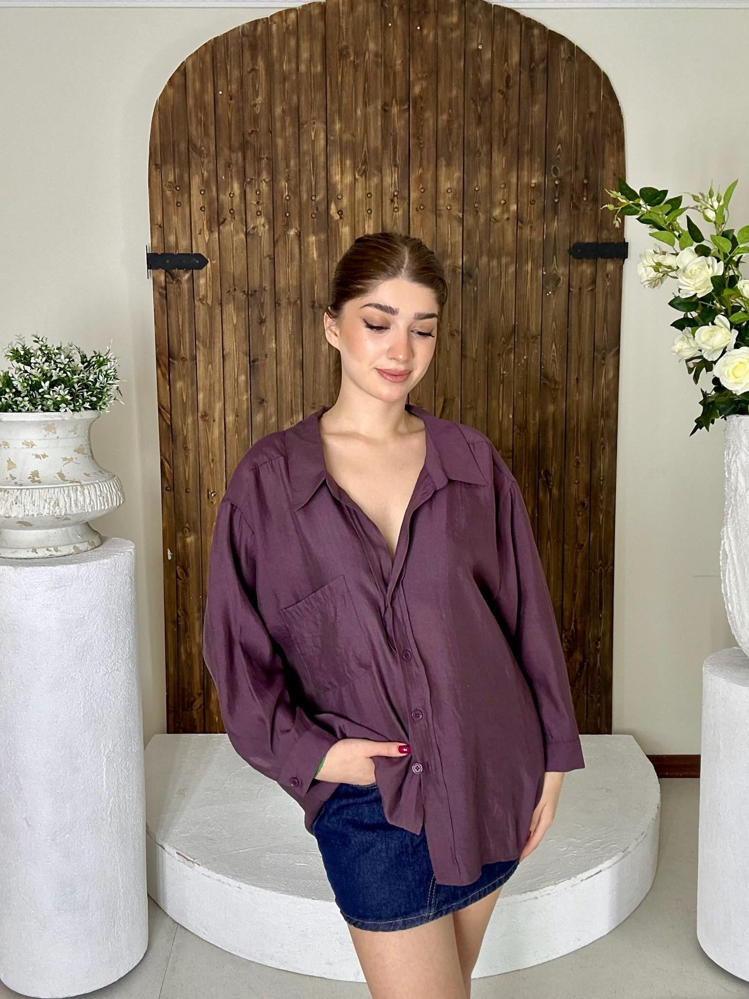 Premium Seri Oversize Düşük Omuz Gömlek Mürdüm